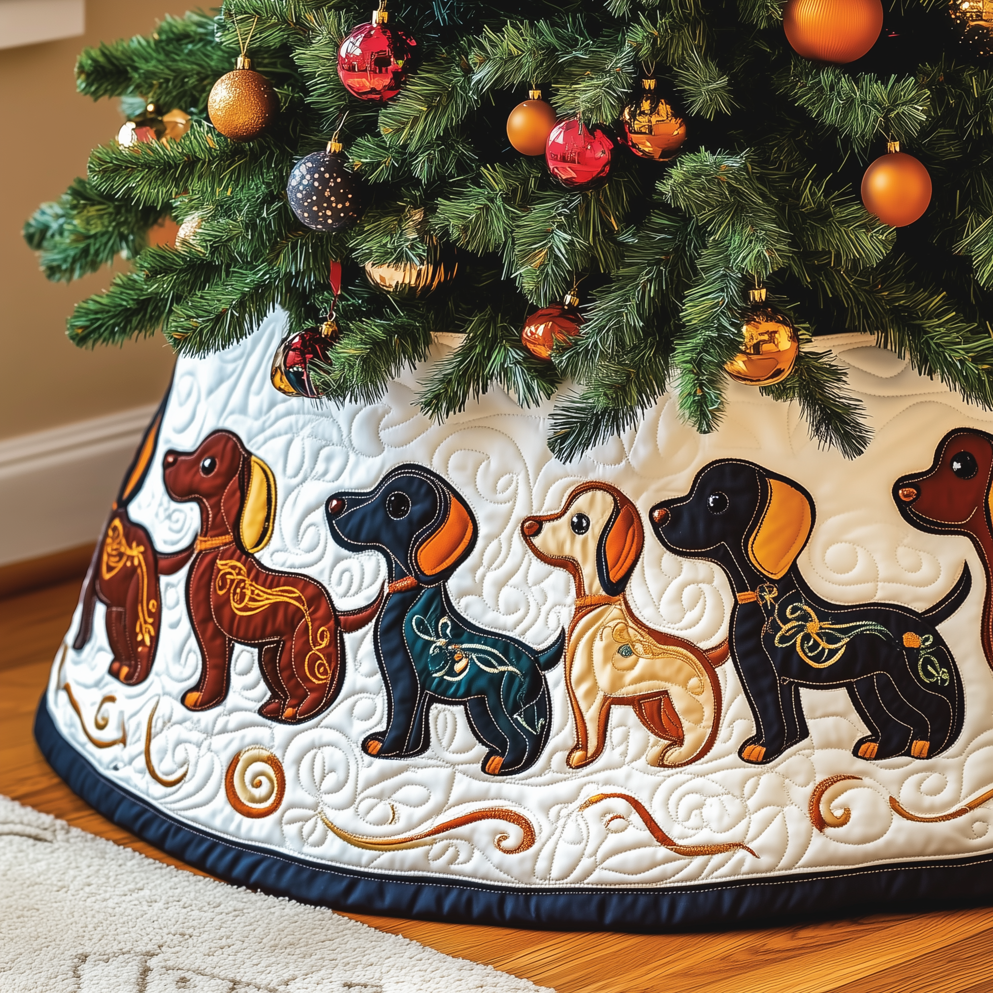 Festive Dachshund Quilted Tree Skirt Cute Sausage Dog Wiener Dog Christmas Decorations