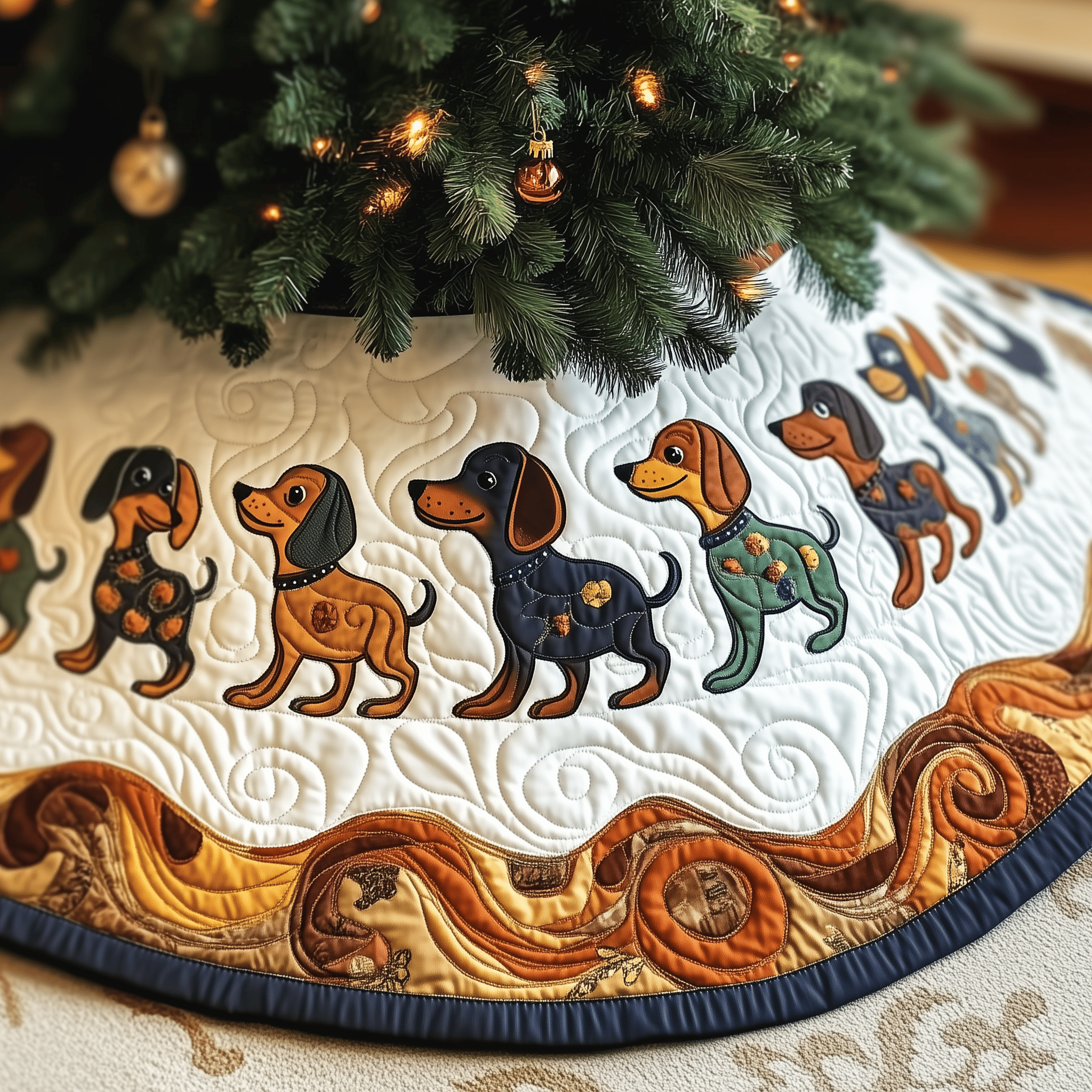 Festive Dachshund Quilted Tree Skirt Cute Sausage Dog Wiener Dog Christmas Decorations
