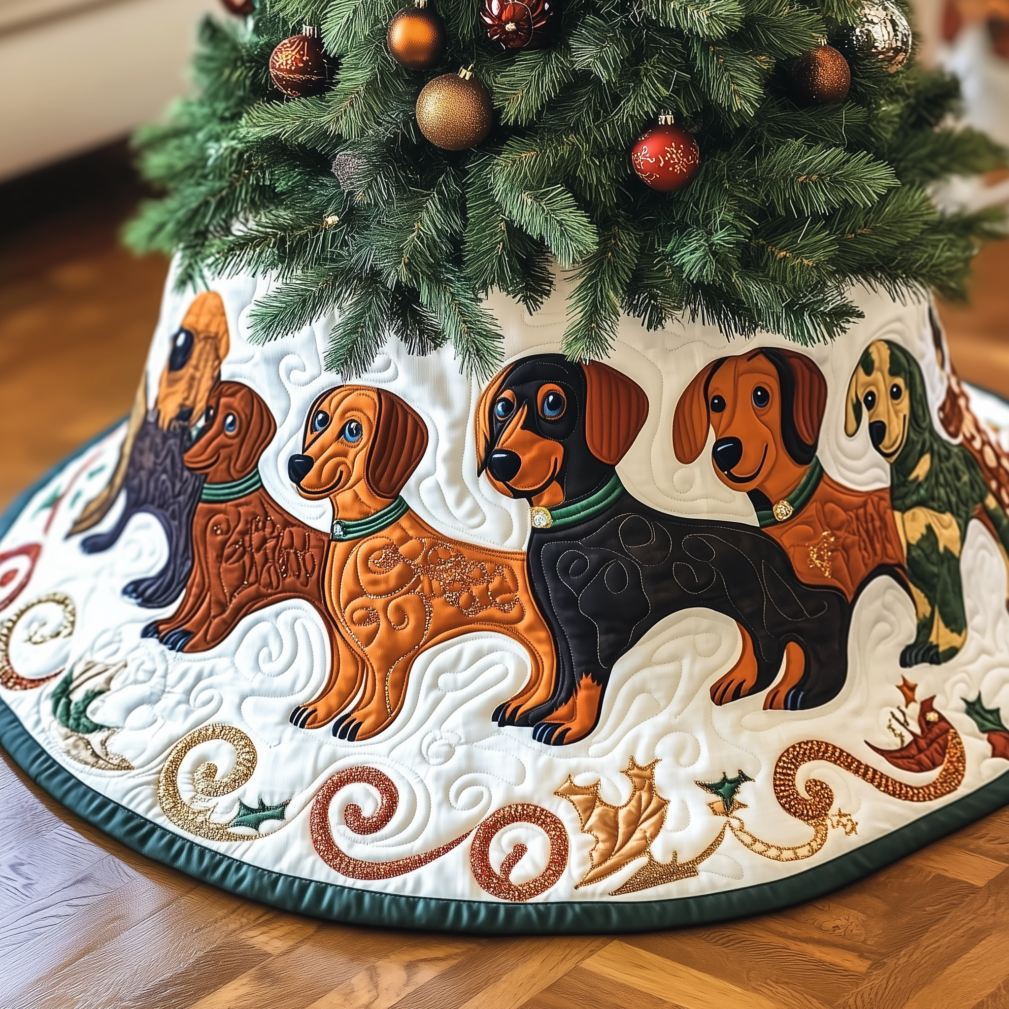 Festive Dachshund Quilted Tree Skirt Heartwarming Family Gathering Merch