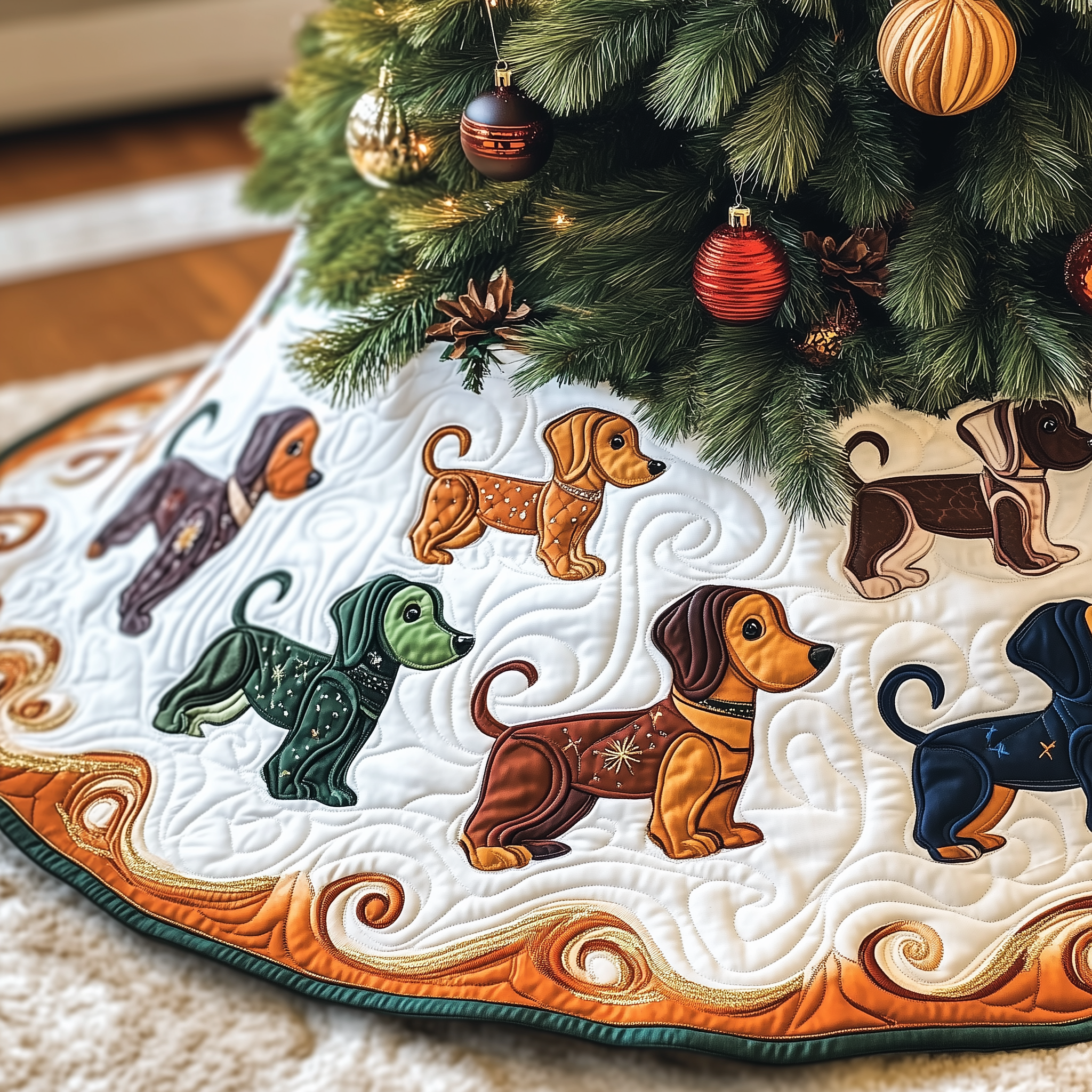 Festive Dachshund Quilted Tree Skirt Joyful Home Merch Collection