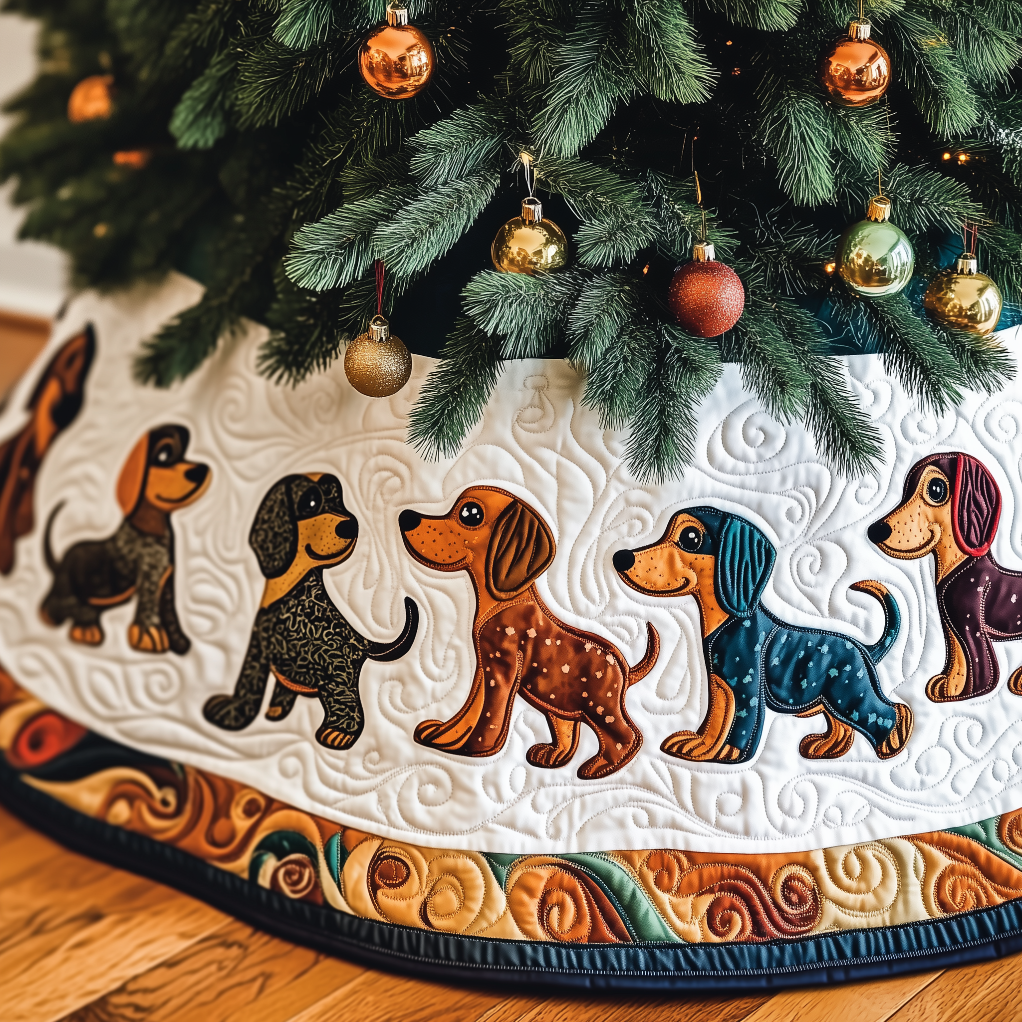 Festive Dachshund Quilted Tree Skirt Magical Christmas Spirit Merch