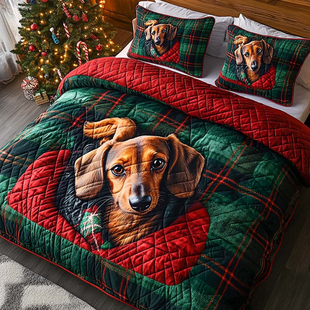 Festive Dachshunds Quilted Bedding Set Christmas Bed Sheets Dachshund Dad Gifts
