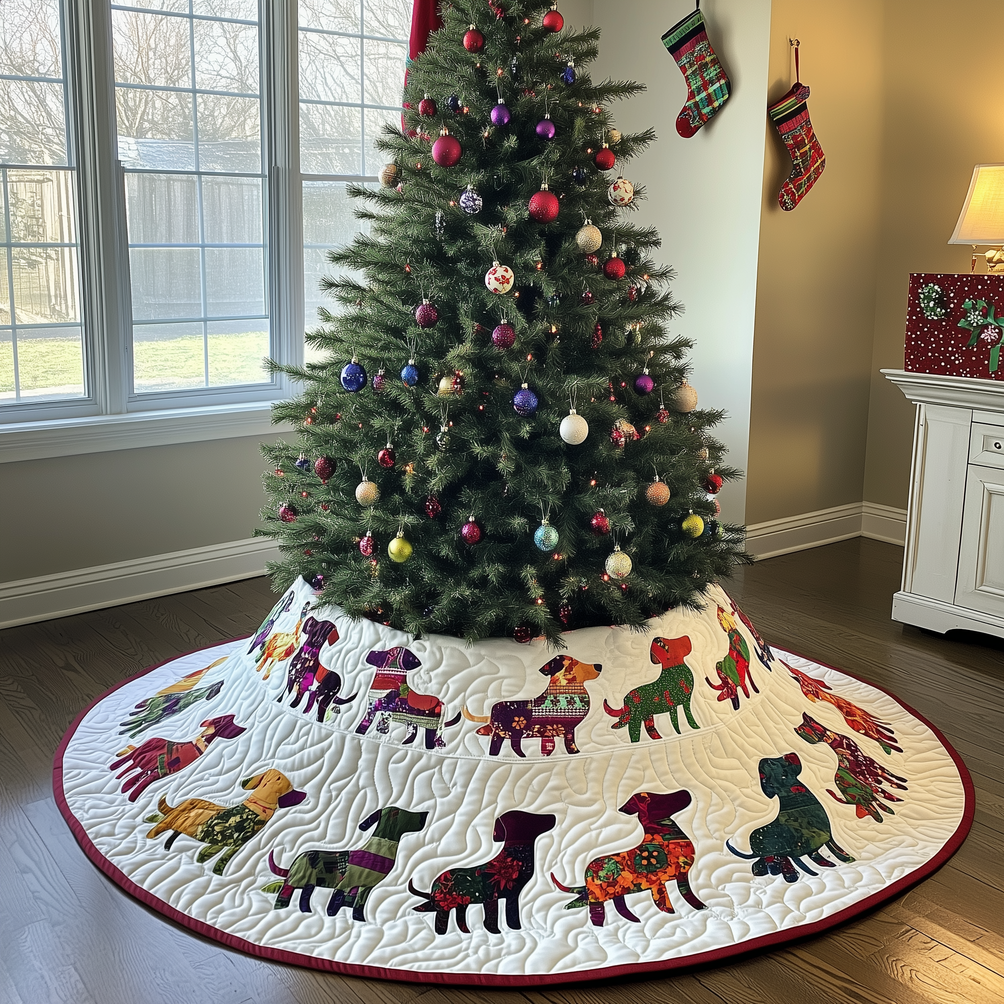 Festive Dashchund Quilted Tree Skirt Cozy Tree Skirt For Holiday Decor