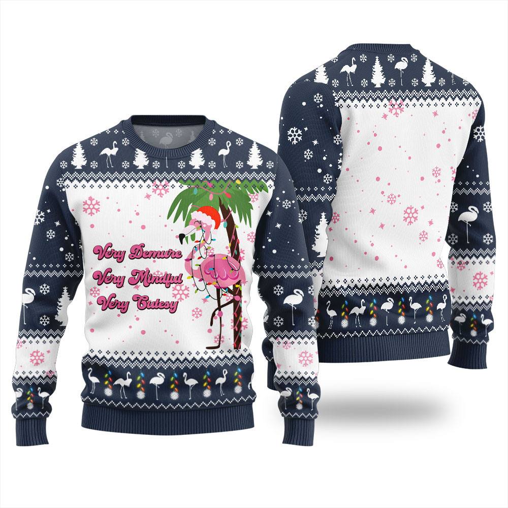 Festive Demure Mindful Cutesy Flamingo Funny Sweater Navy Exclusive Holiday Sweater Merch for Gift Giving