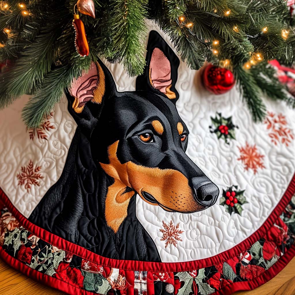 Festive Doberman Guardian Christmas Quilted Tree Skirt Classic Christmas Home Decor Merry And Bright Holiday Decor