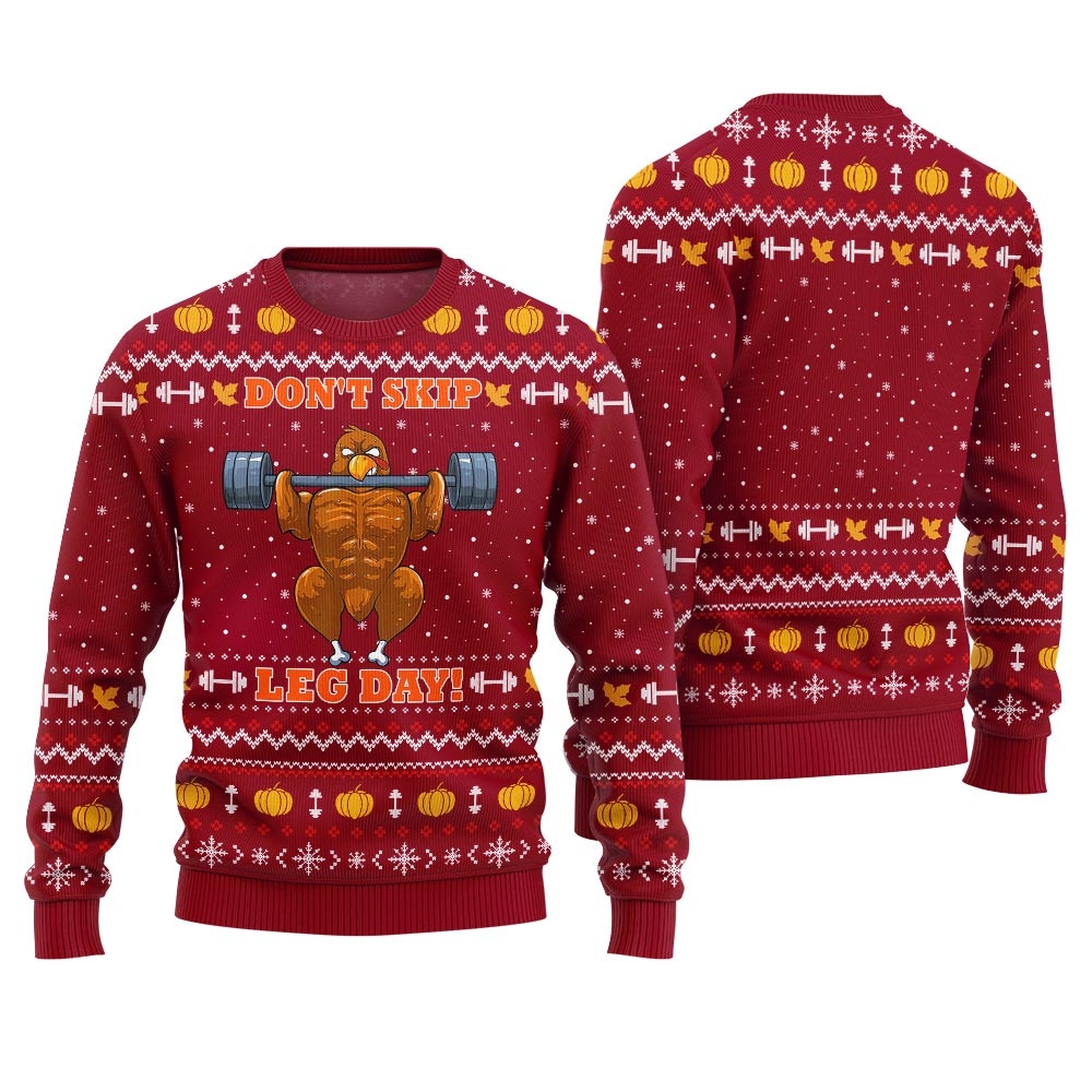 Festive Dont Skip Leg Day Thanksgiving Holiday Sweater Red Casual Winter Sweatshirt for Daily Comfort