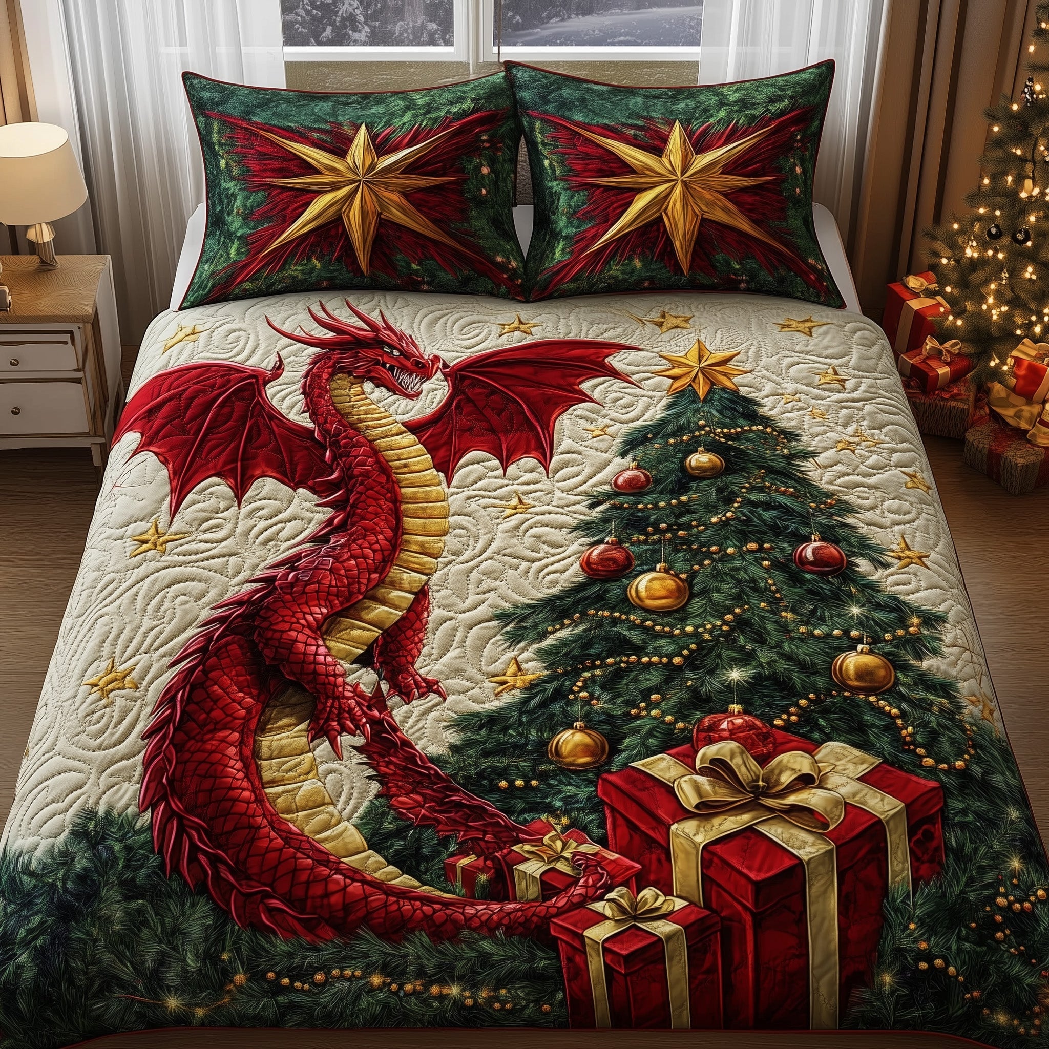 Festive Dragon Quilted Bedding Set  Bedspread Dragon Pine And Gifts Xmas Gift For Dragon Lover
