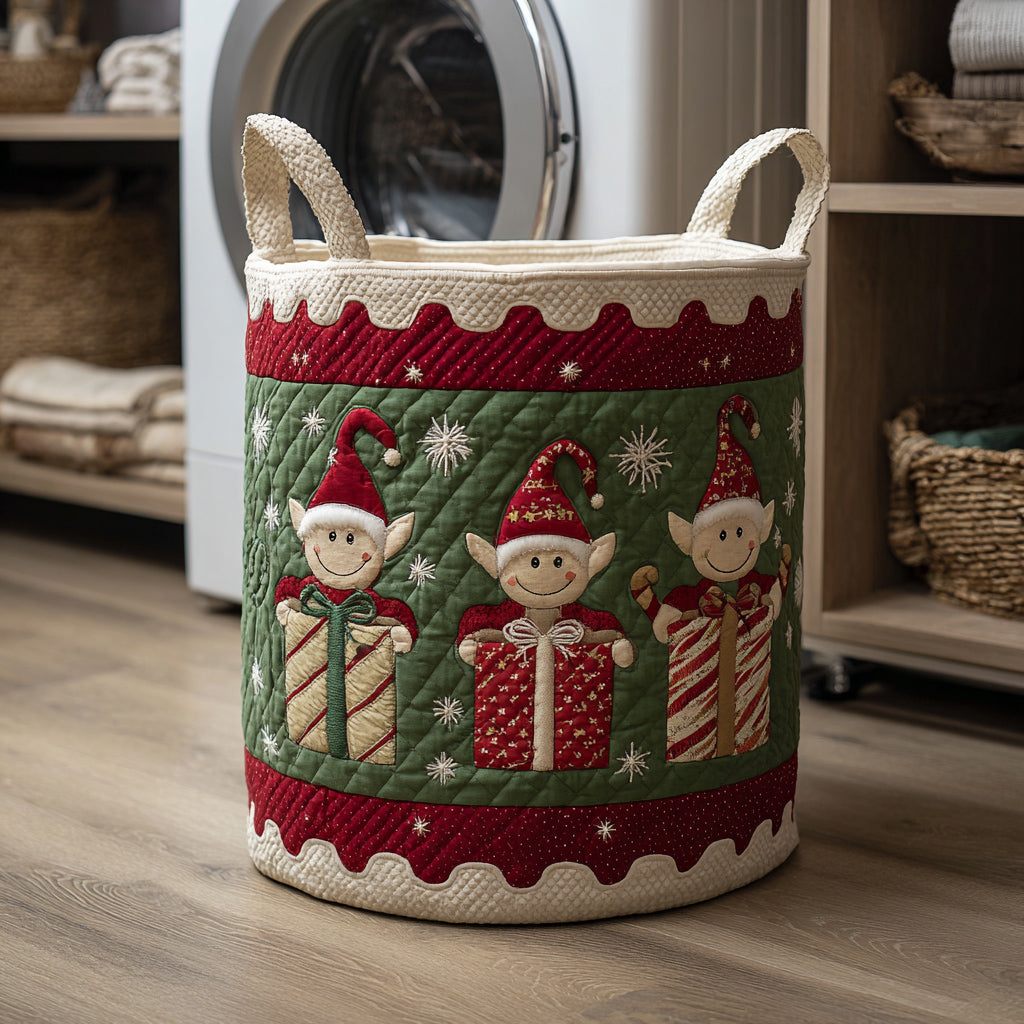 Festive Elf Friends Quilted Laundry Basket Premium Quilted Laundry Basket with Sturdy Handles