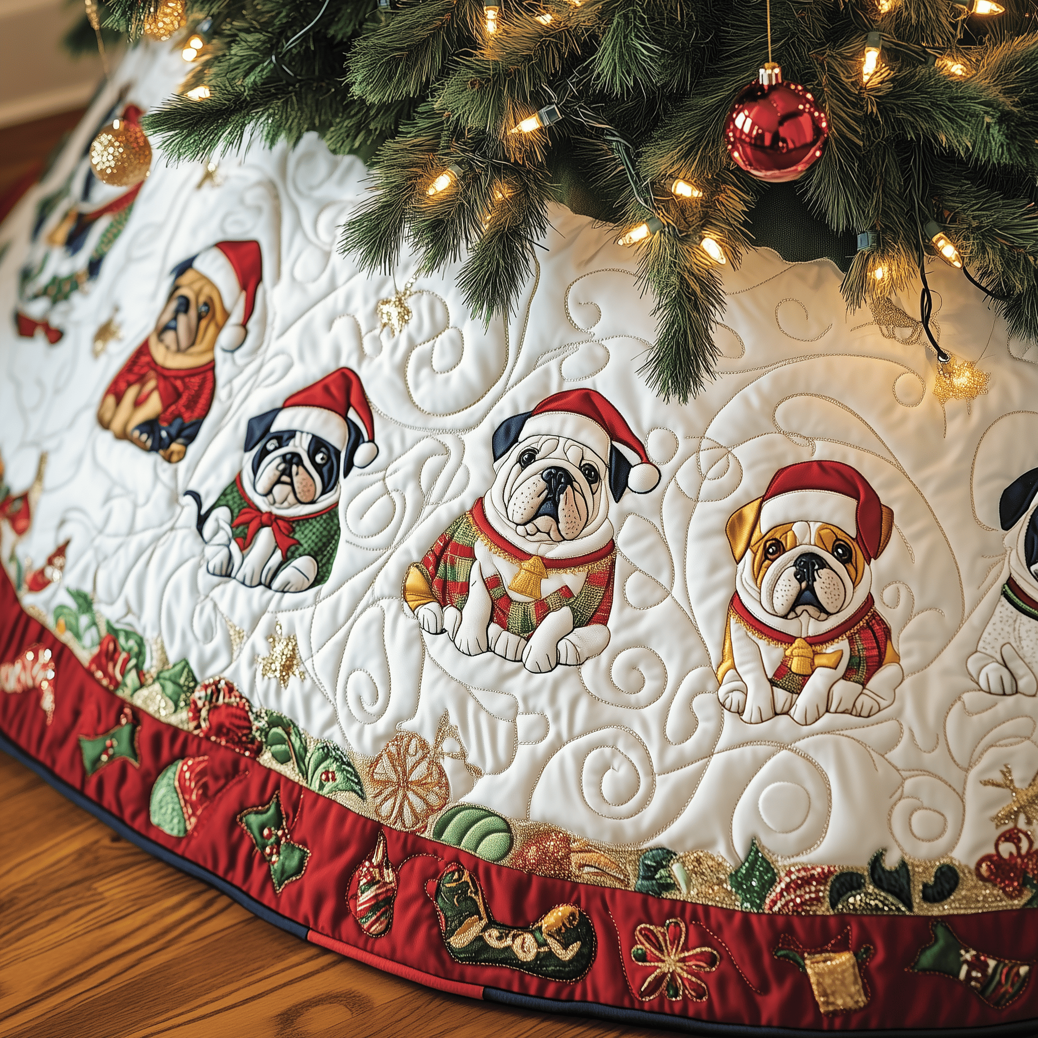 Festive English Bulldog Quilted Tree Skirt Holiday Christmas Tree Base Decorations English Bulldog Stuff Gift Items