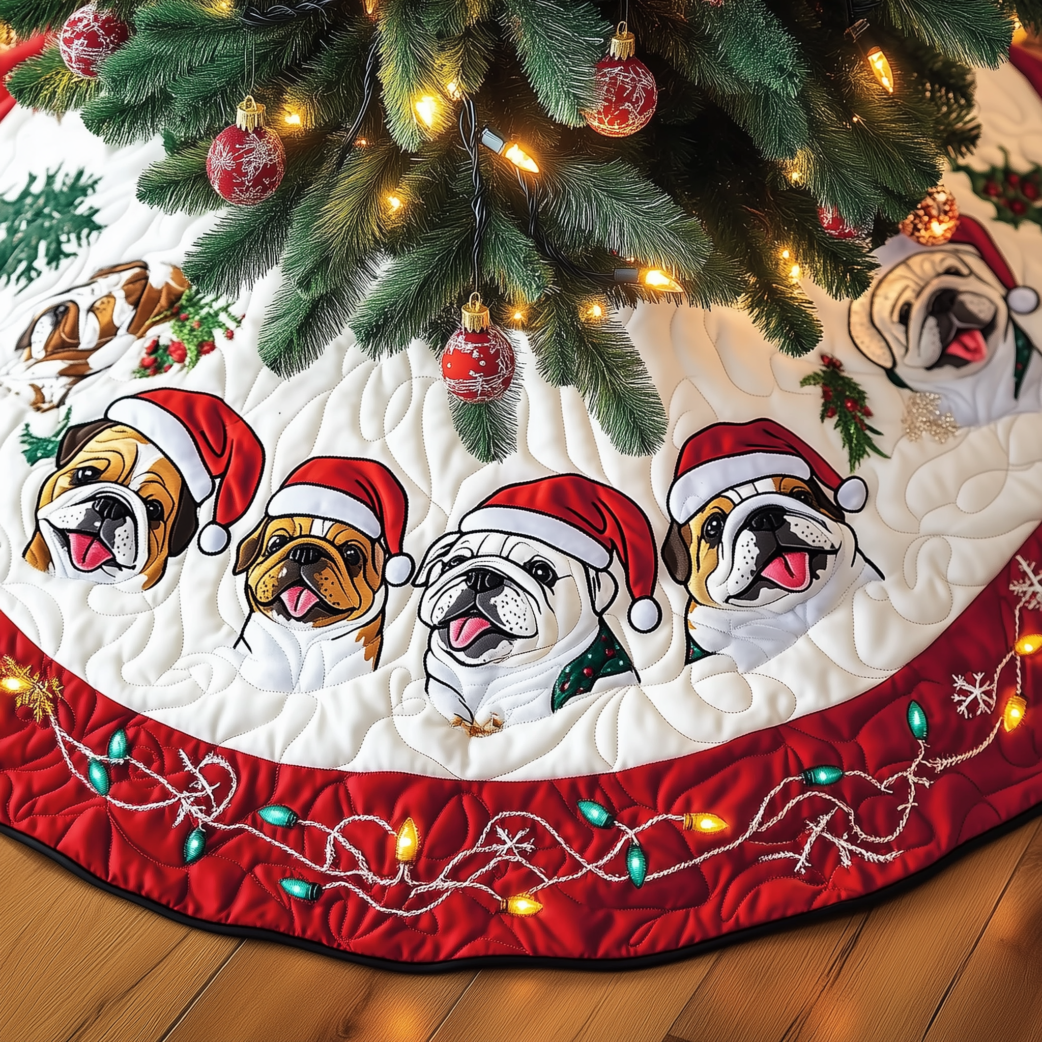 Festive English Bulldog Quilted Tree Skirt Holiday Christmas Tree Base Decorations English Bulldog Stuff Gift Items