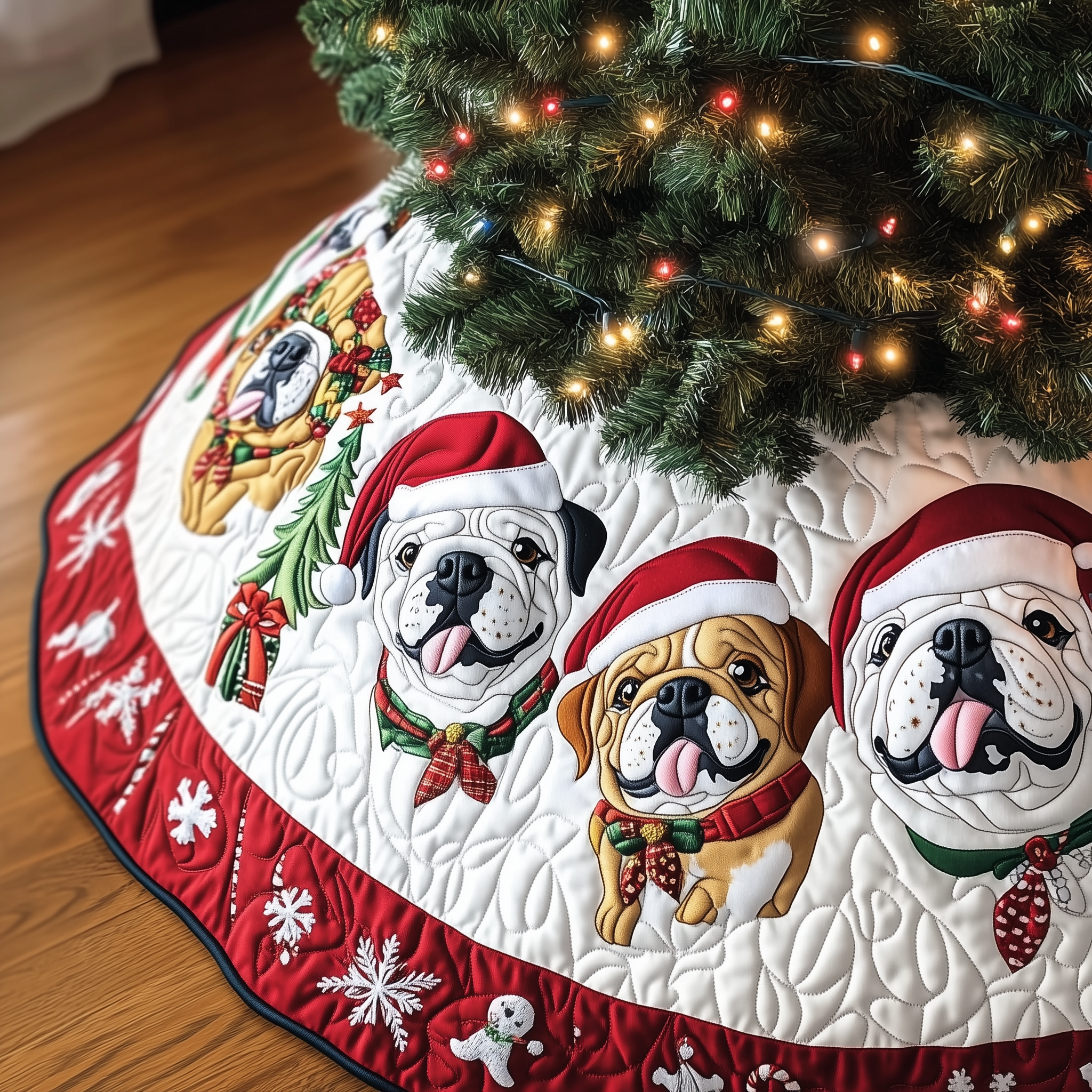 Festive English Bulldog Quilted Tree Skirt Holiday Christmas Tree Base Decorations English Bulldog Stuff Gift Items