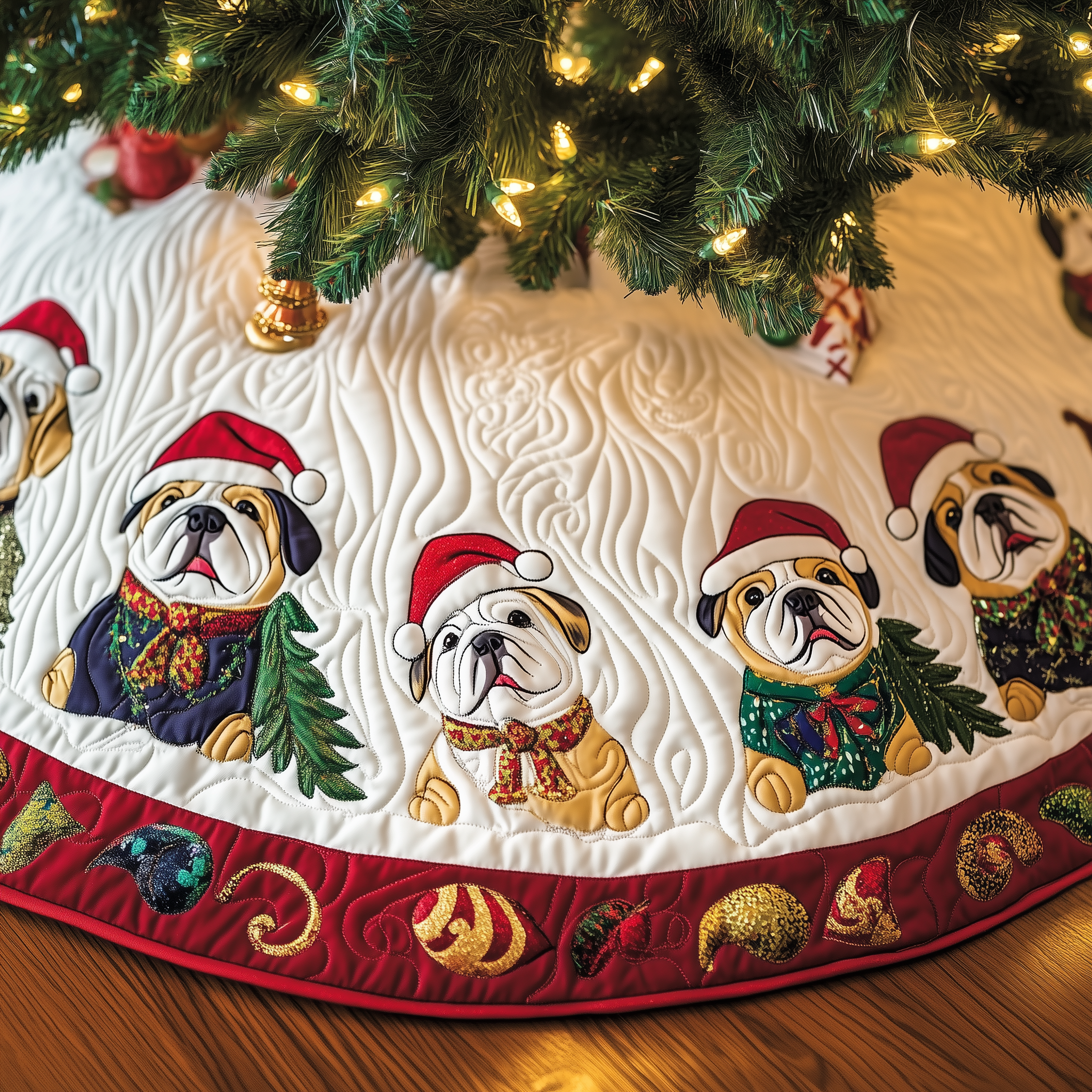 Festive English Bulldog Quilted Tree Skirt Holiday Christmas Tree Base Decorations English Bulldog Stuff Gift Items