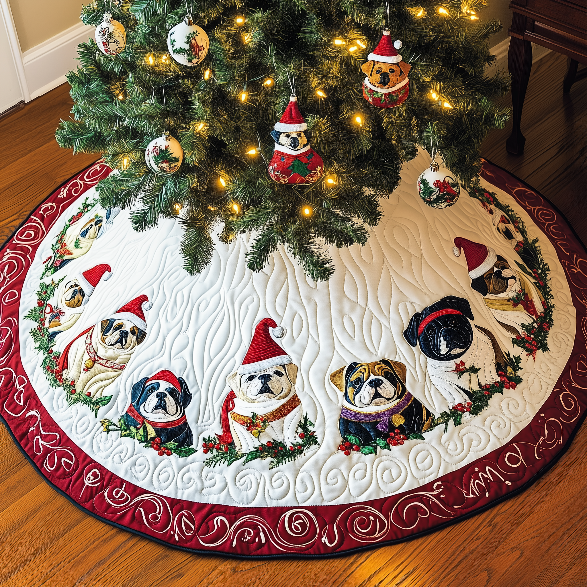 Festive English Bulldog Quilted Tree Skirt Special Birthday Gift Merch