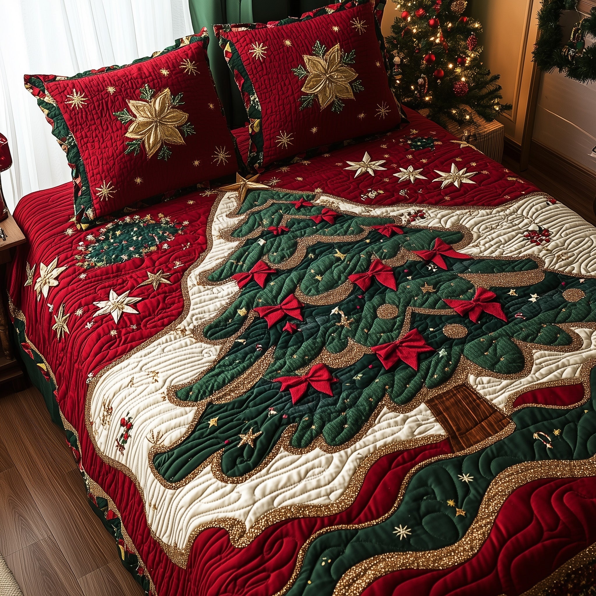 Festive Evergreen Quilted Bedding Set  Bedroom Pine Tree Christmas Holiday Gifts