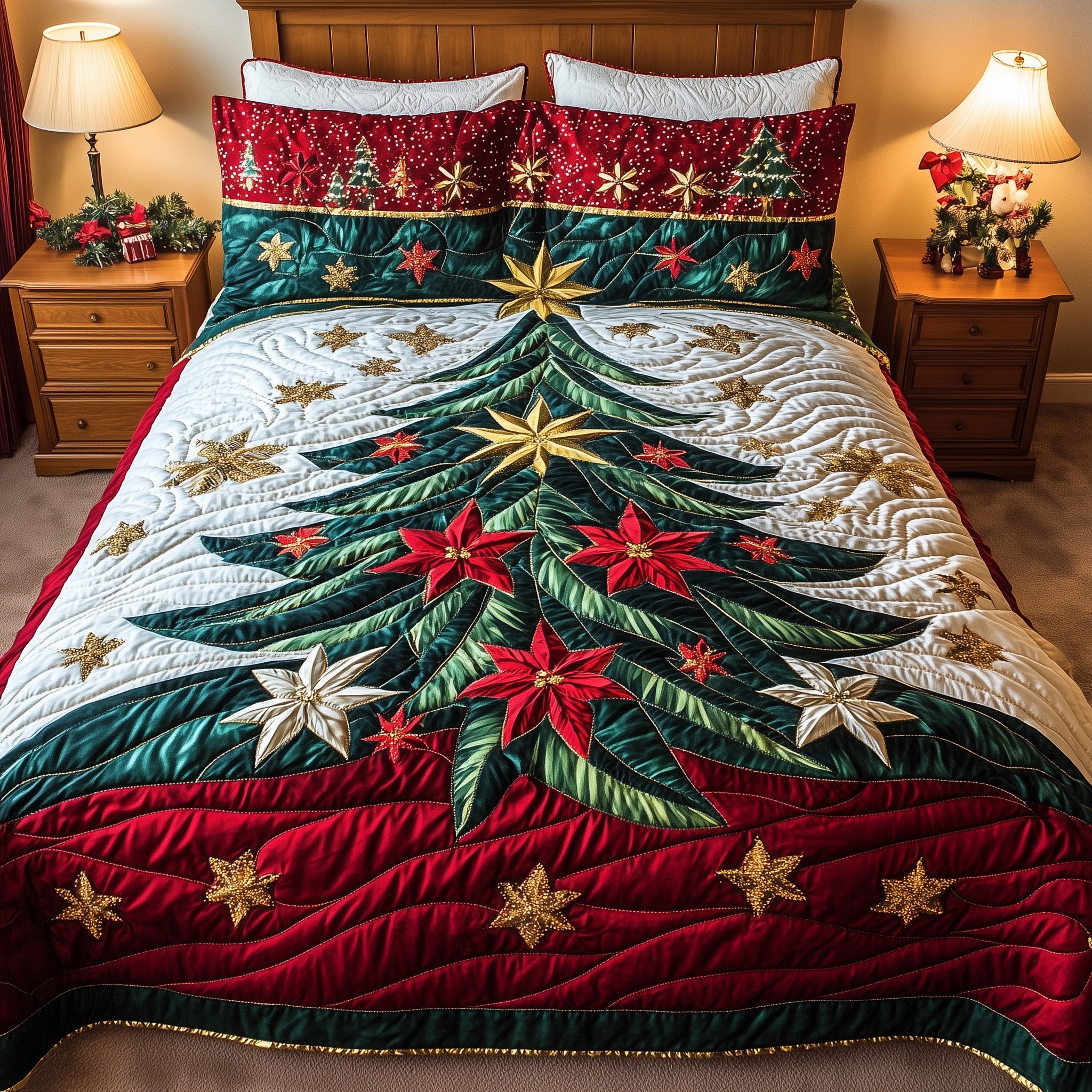 Festive Evergreen Quilted Bedding Set  Duvet Cover Bedspread Pine Tree Christmas Gifts