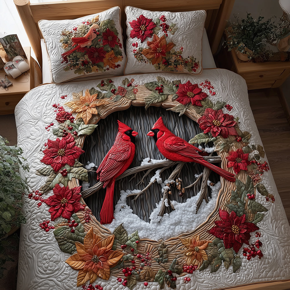 Festive Feathered Nest Quilted Bedding Set Holiday Season Duvet Cover Set Red Cardinal Gift Items