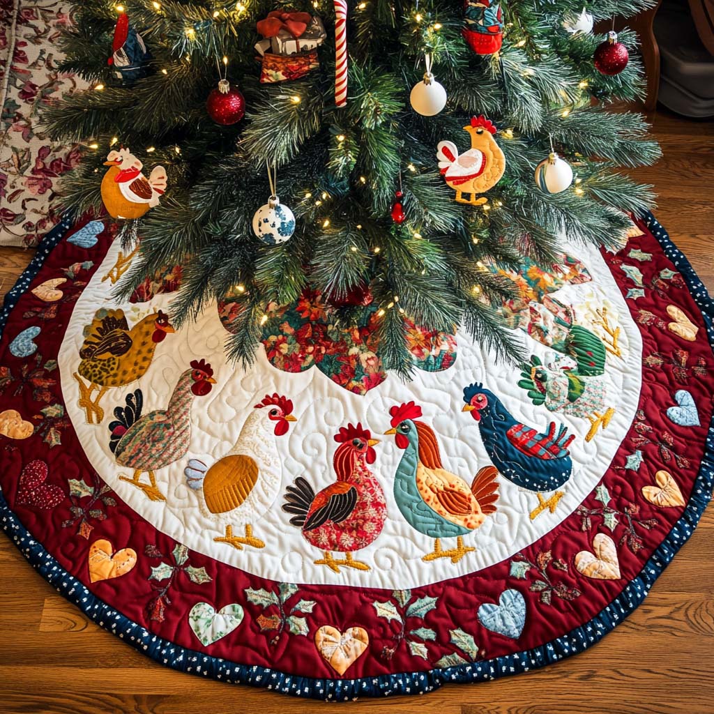 Festive Feathers Christmas Quilted Tree Skirt Festive Tree Base Cover