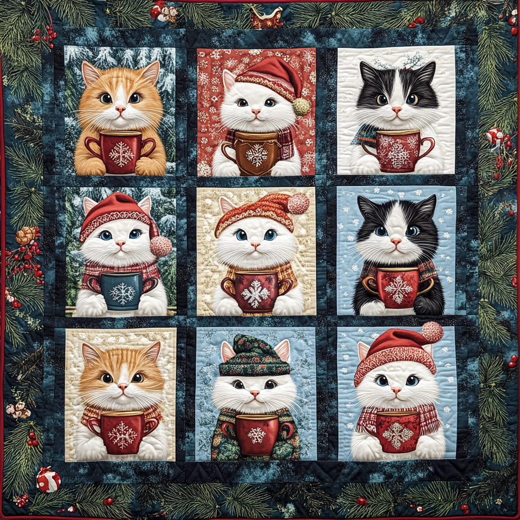 Festive Feline Cheer Quilted Blanket Gifts For Cat Owners