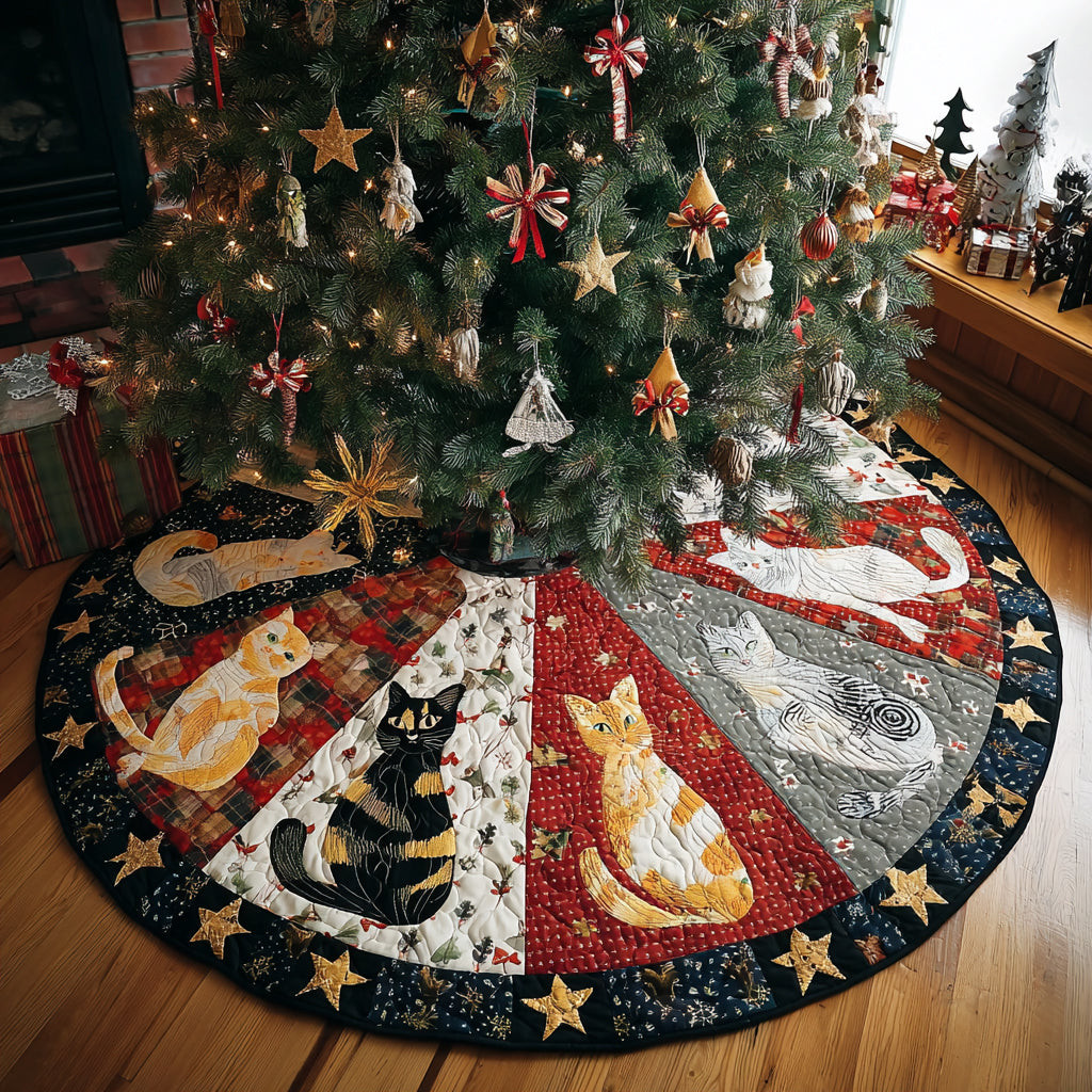 Festive Feline Christmas Quilted Tree Skirt Christmas Home Decor Cat Gifts For Xmas