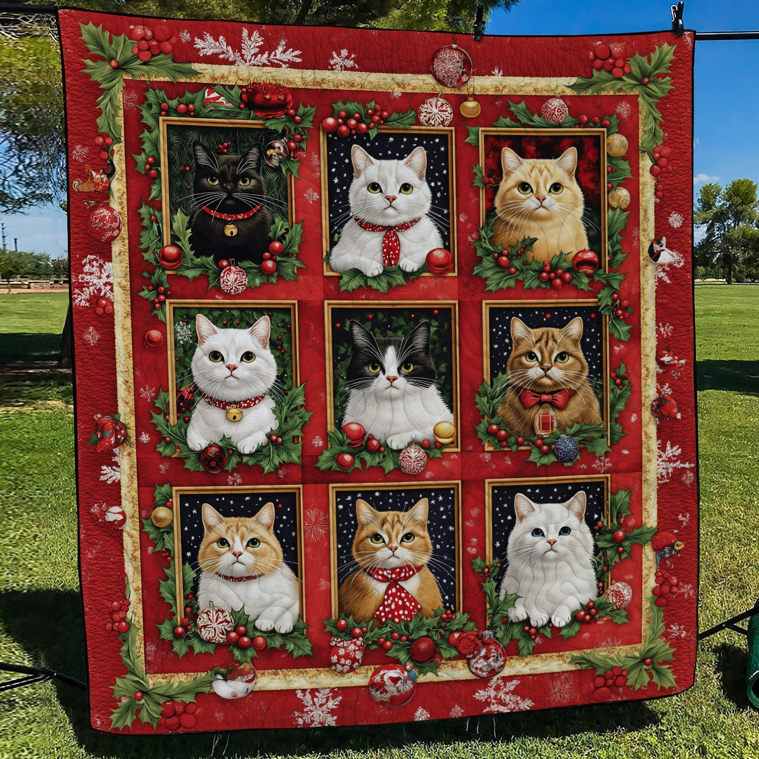 Festive Feline Friends Quilted Blanket Best Gifts For Cat Lovers