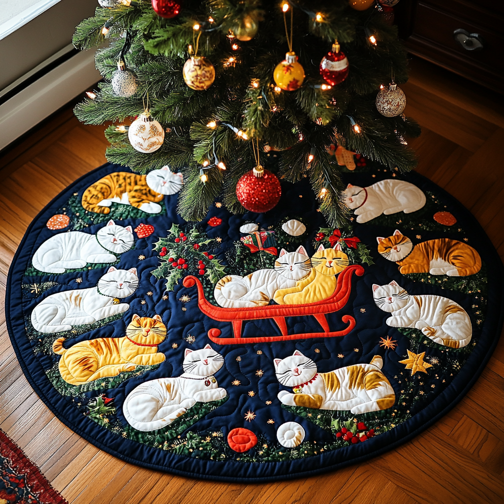 Festive Feline Fun Christmas Quilted Tree Skirt Festive Christmas Tree Skirt for Holiday Decor