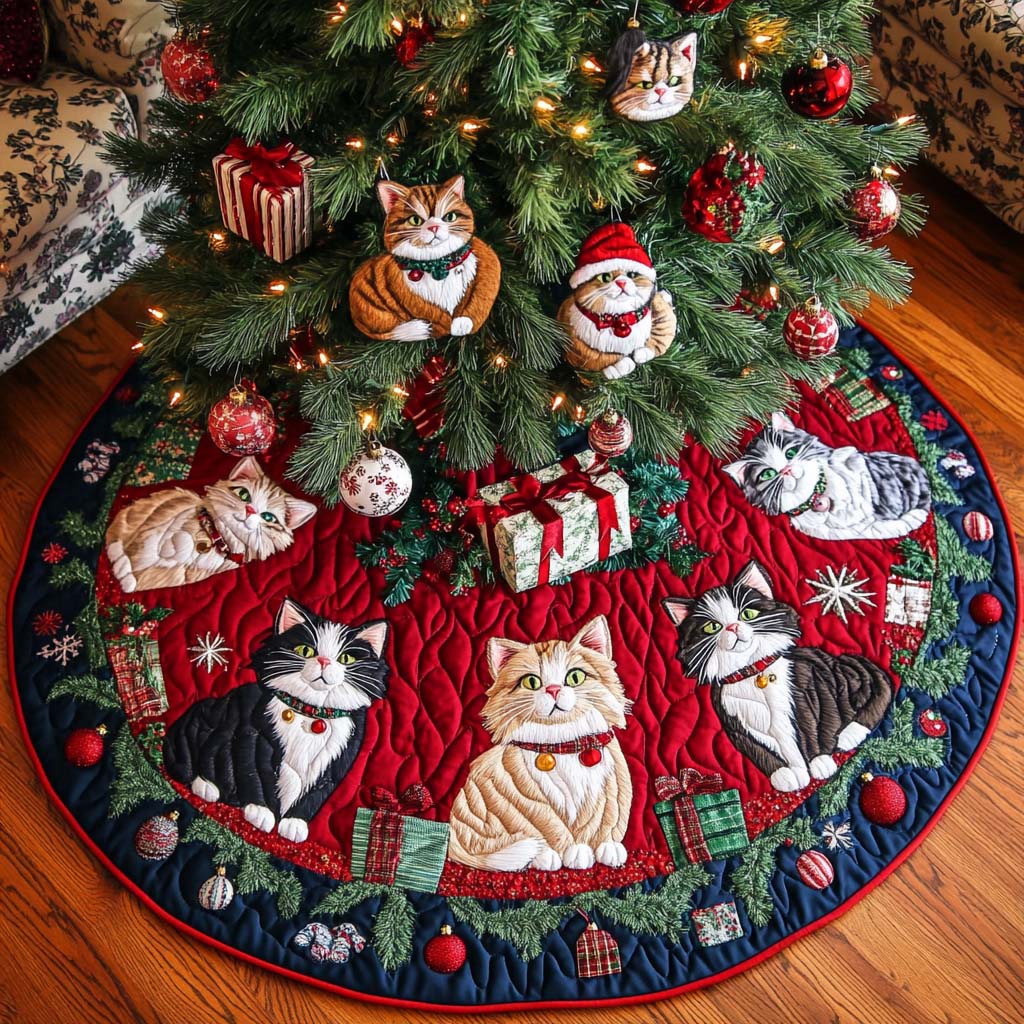 Festive Felines Christmas Quilted Tree Skirt Perfect Merch Gift Tree Skirt for Holiday Season