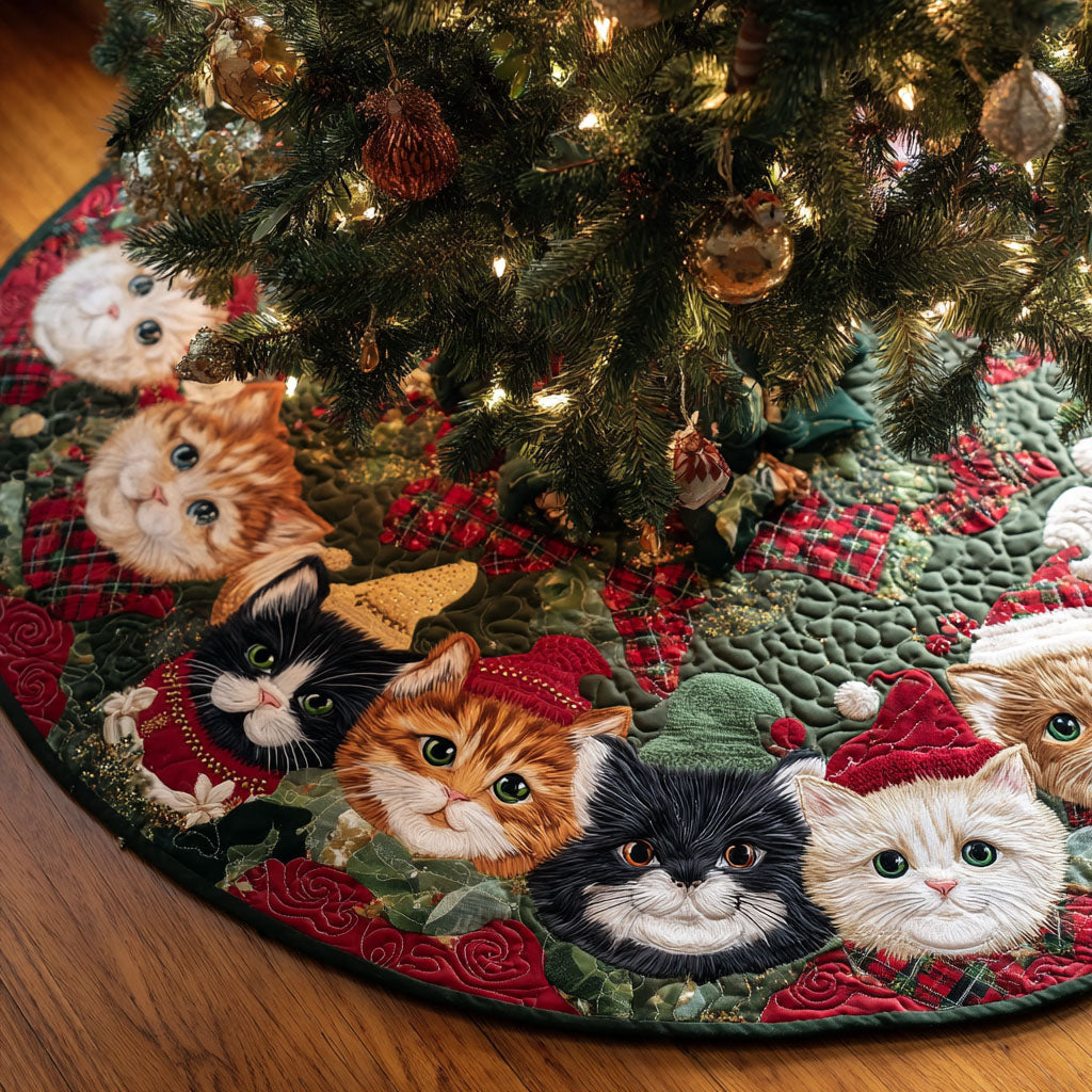 Festive Felines Christmas Quilted Tree Skirt Xmas Tree Stand Cover Black Cat Themed Gifts