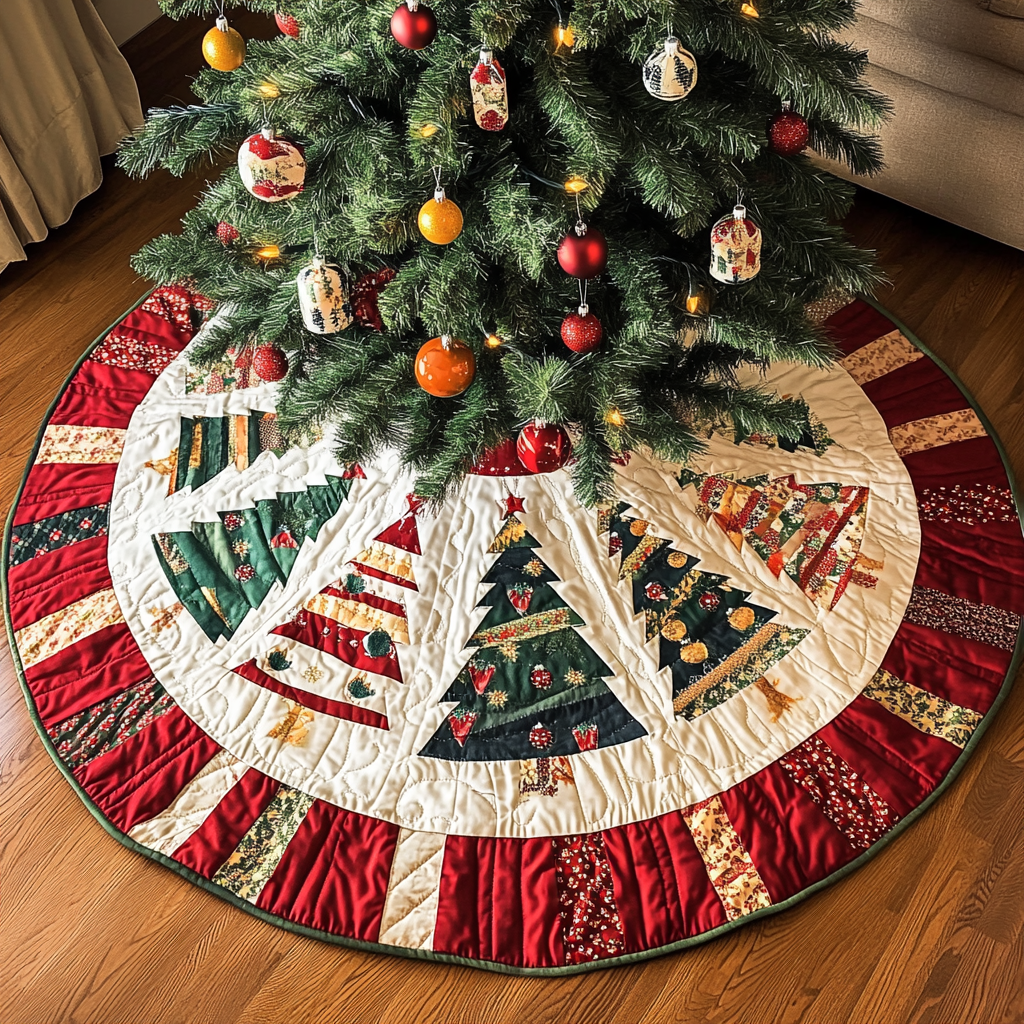 Festive Fir Christmas Quilted Tree Skirt Classic Christmas Home Decor Merry And Bright Holiday Decor