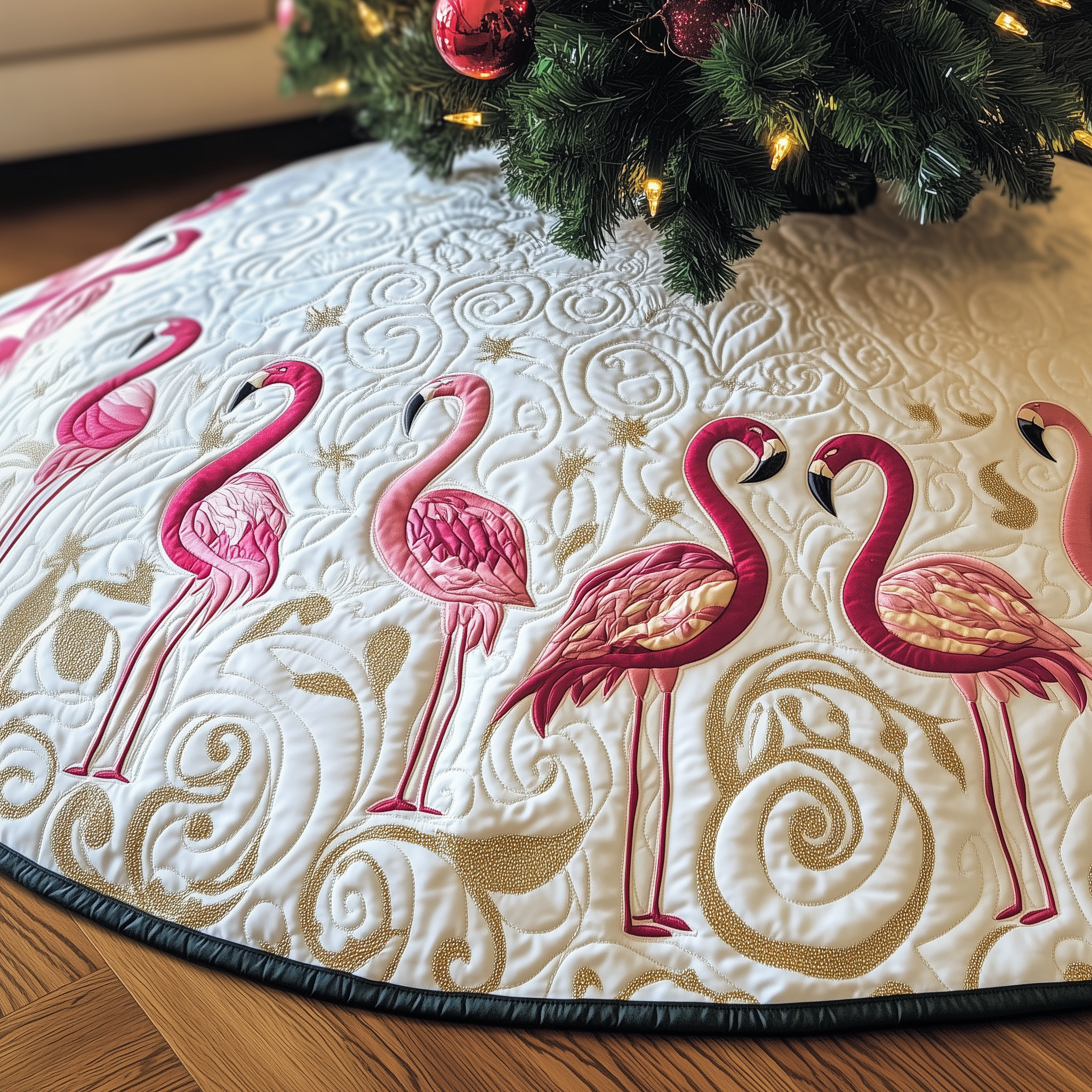 Festive Flamingo Quilted Tree Skirt Lovely Gift Merch For Couples