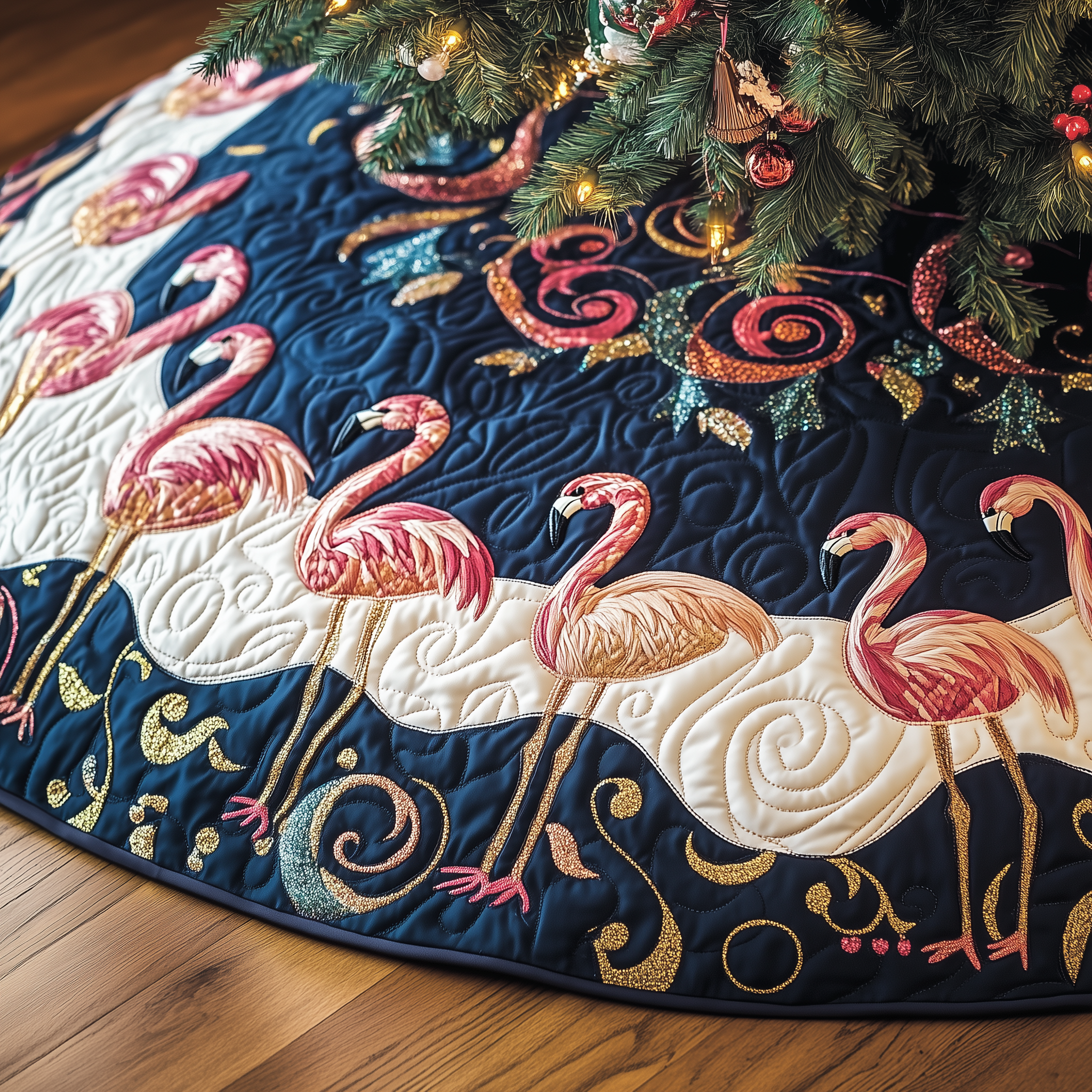 Festive Flamingo Quilted Tree Skirt Perfect Gift Merch For Her