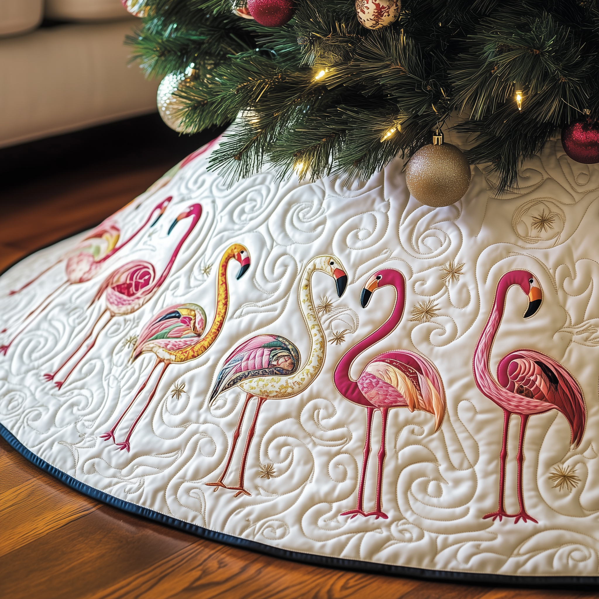 Festive Flamingo Quilted Tree Skirt Xmas Decorations Unique Pink Flamingo Gifts For Women
