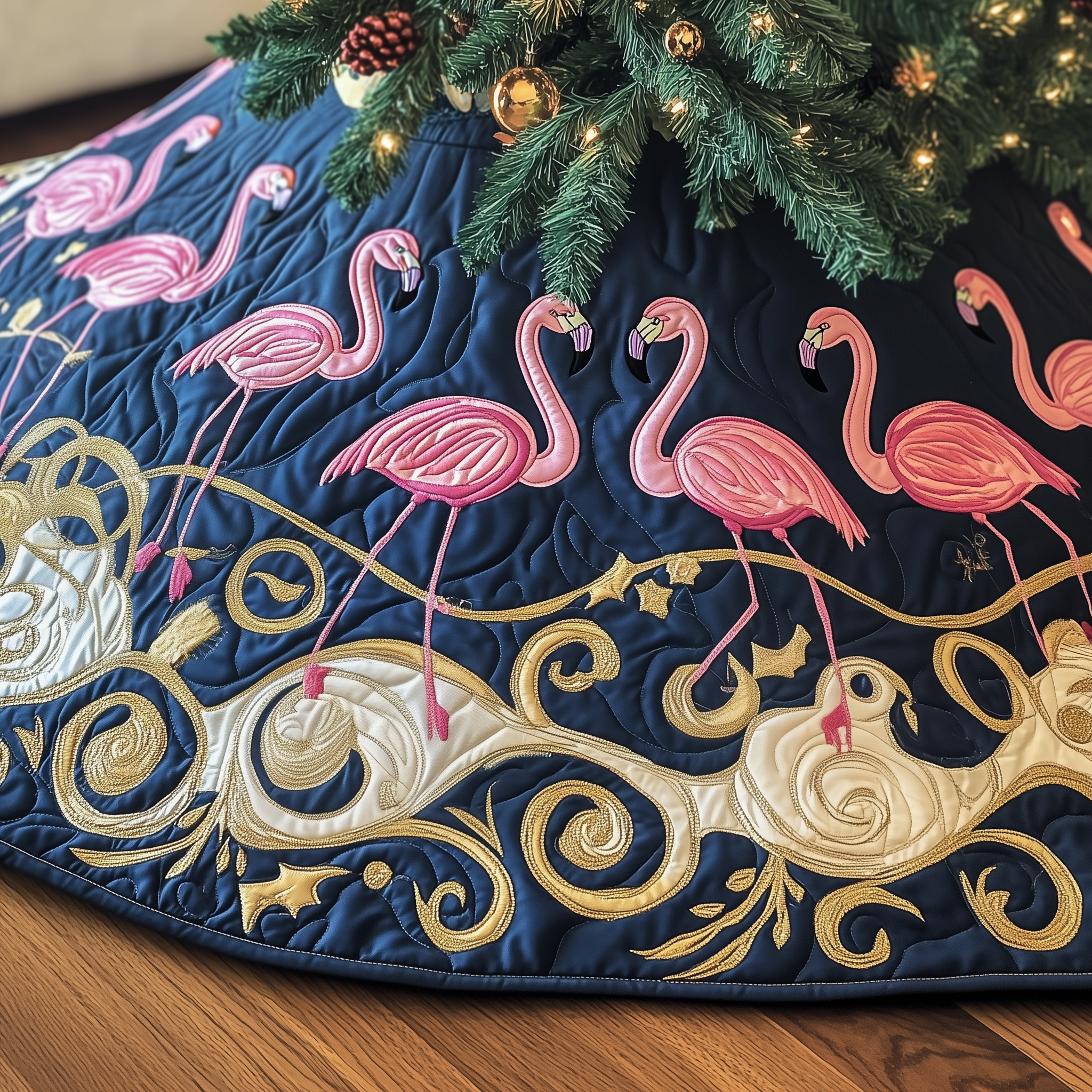 Festive Flamingo Quilted Tree Skirt Xmas Tree Base Cover Christmas Tree Decoration Cute Flamingo Stuff