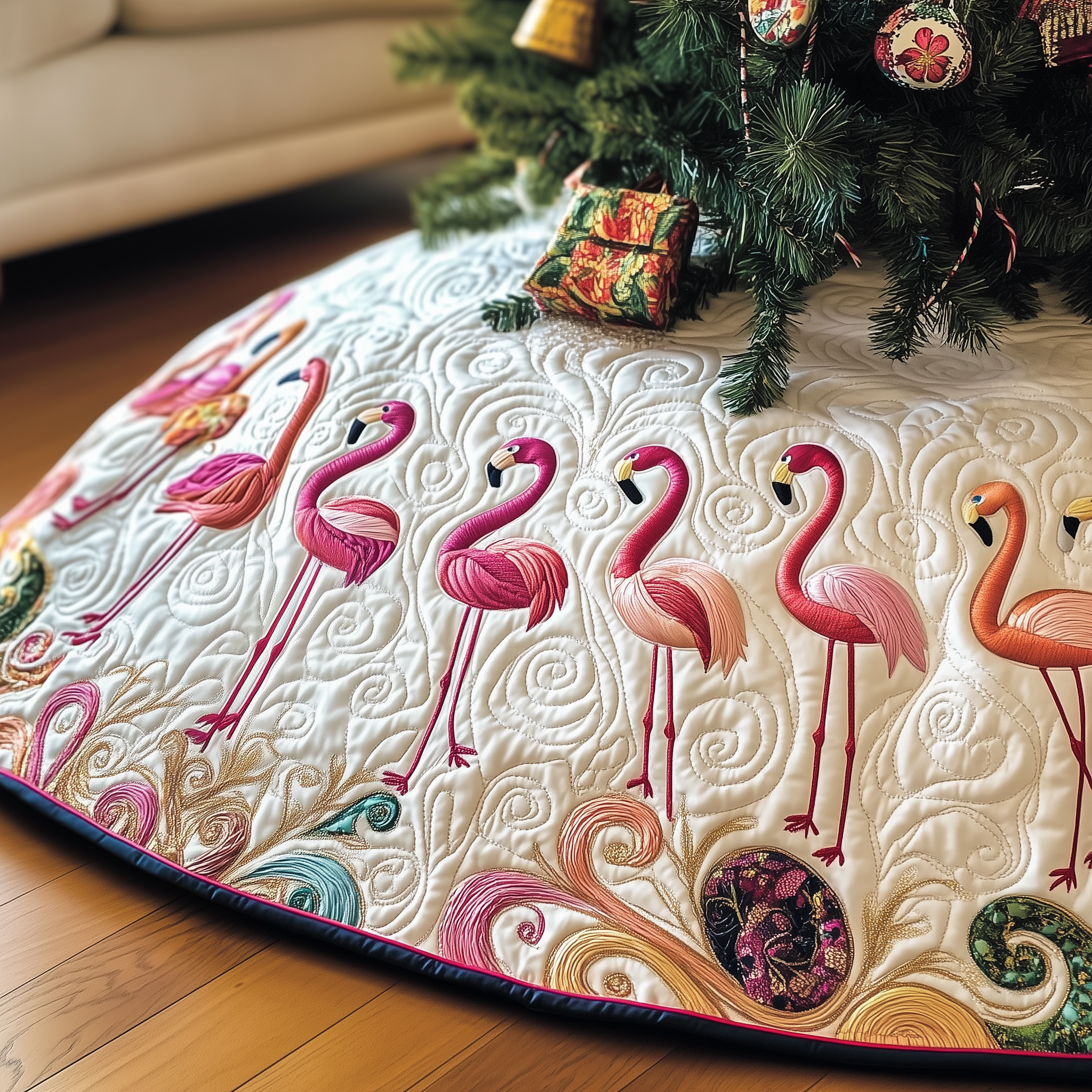 Festive Flamingo Quilted Tree Skirt Xmas Tree Base Cover Christmas Tree Decoration Cute Flamingo Stuff