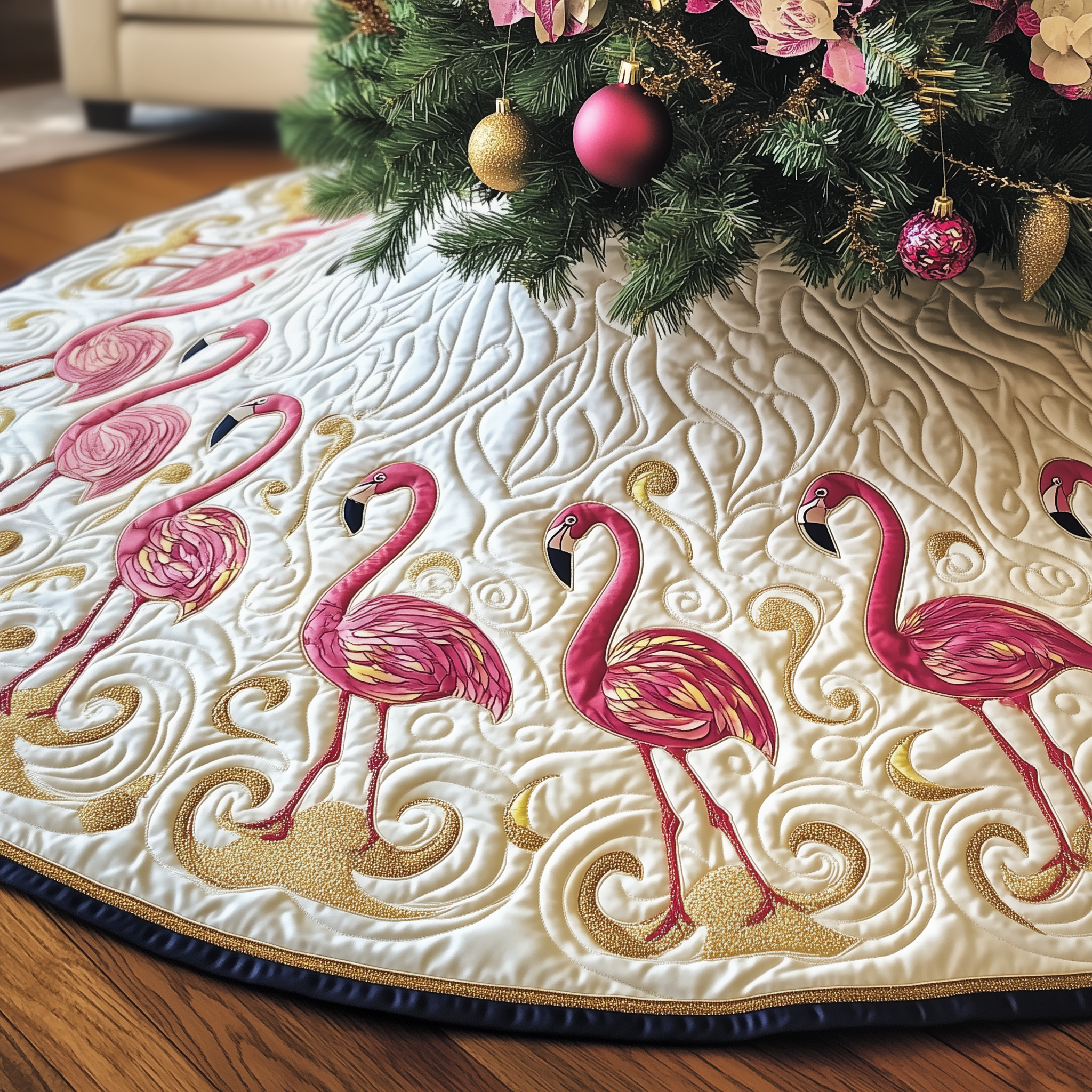 Festive Flamingo Quilted Tree Skirt Xmas Tree Base Cover Christmas Tree Decoration Cute Flamingo Stuff