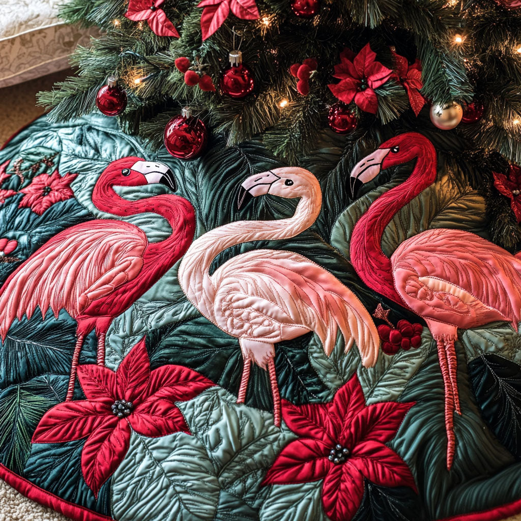 Festive Flamingos Quilted Christmas Tree Skirt Seasonal Tree Area Decoration