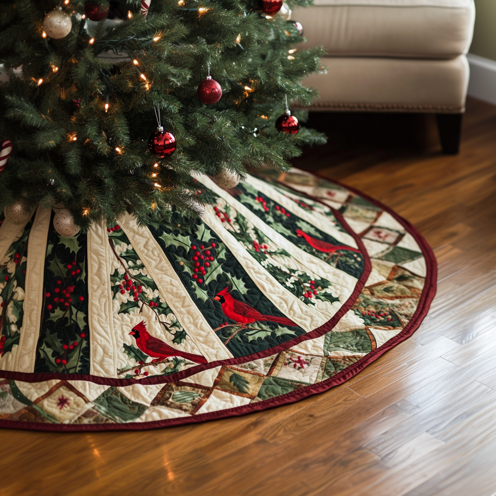 Festive Flock Quilted Tree Skirt Classic Red and White Tree Skirt for Traditional Decor