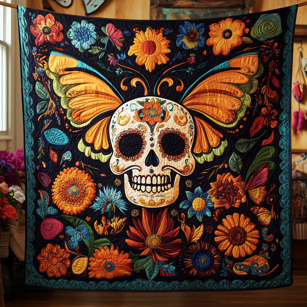 Festive Floral Sugar Skull Quilted Blanket Day Of The Dead Blanket