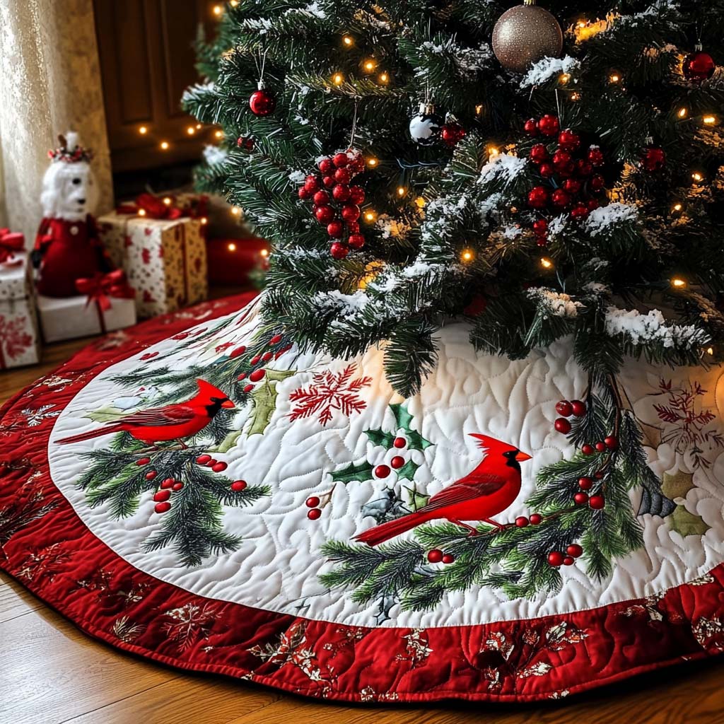 Festive Foliage Christmas Quilted Tree Skirt Holiday Season Cardinal Decorated Christmas Trees