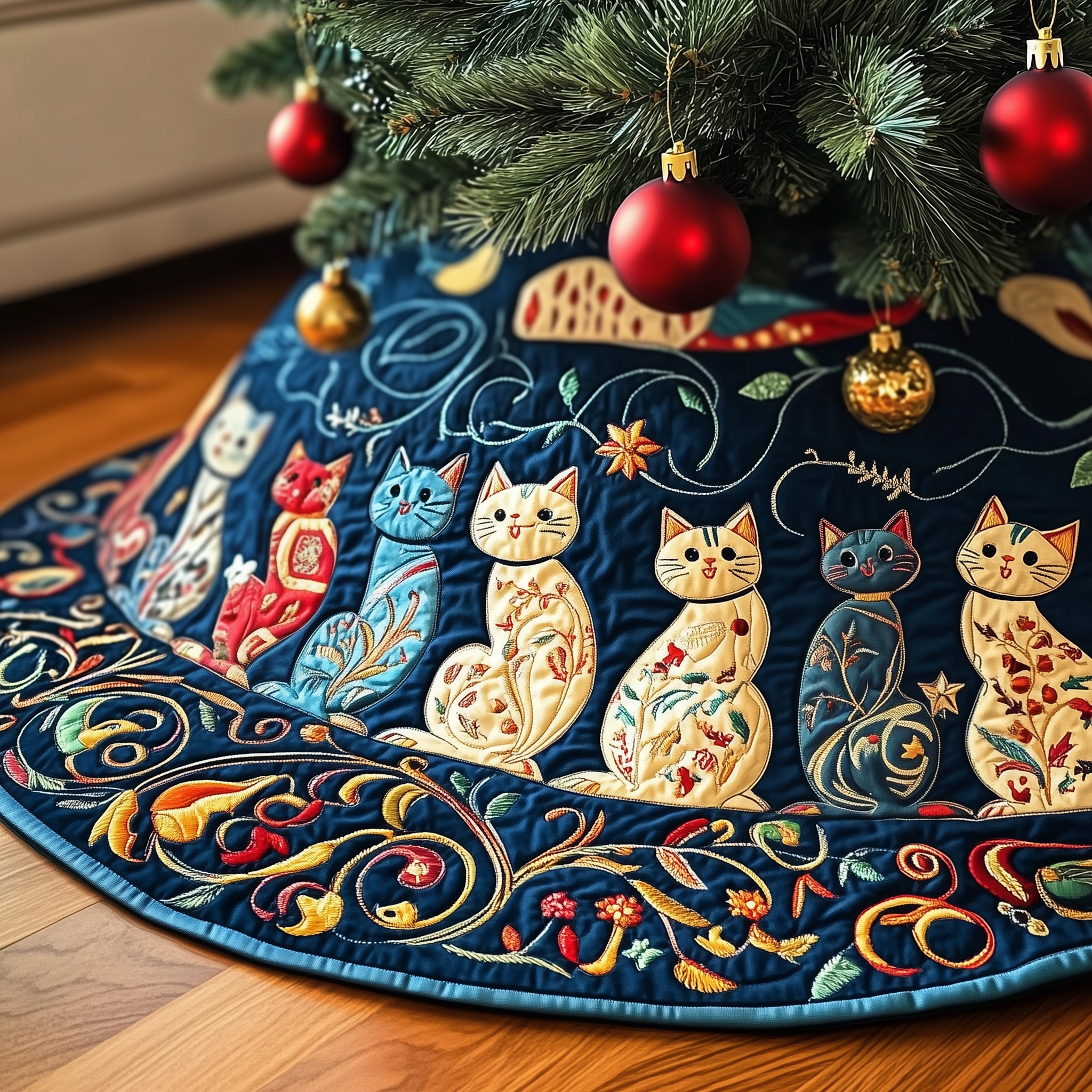 Festive Folk Art Cat Quilted Tree Skirt Charming Holiday Home Merch