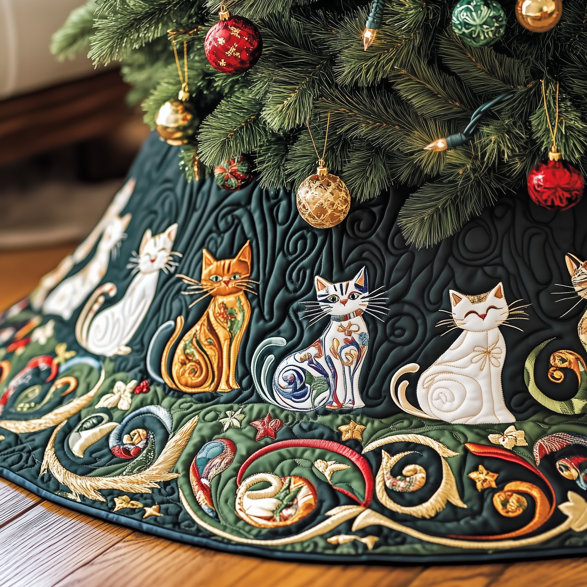 Festive Folk Art Cat Quilted Tree Skirt Christmas Tree Skirt Best Christmas Gifts For My Wife