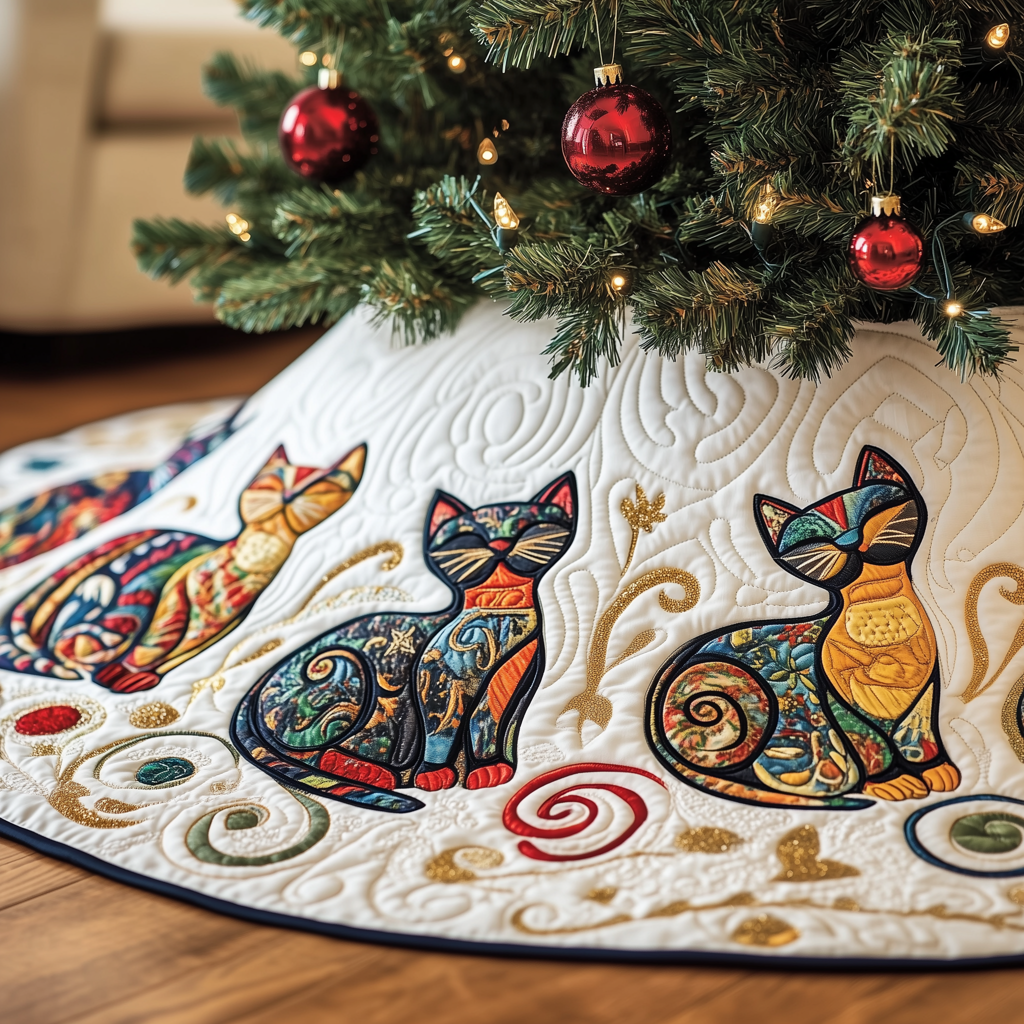 Festive Folk Art Cat Quilted Tree Skirt Indoor Xmas Decorations Things To Get Your Cat For Christmas