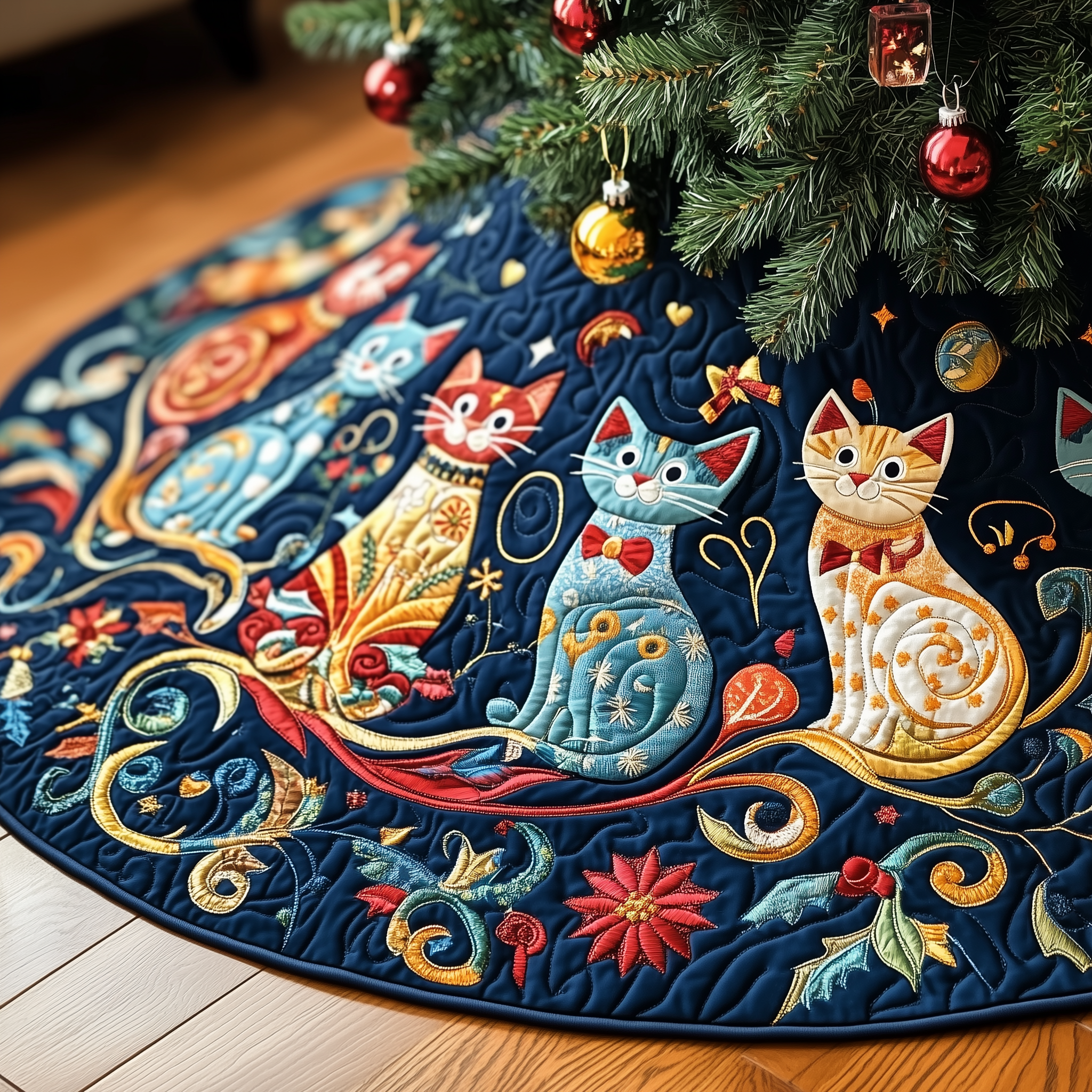 Festive Folk Art Cat Quilted Tree Skirt Indoor Xmas Decorations Things To Get Your Cat For Christmas