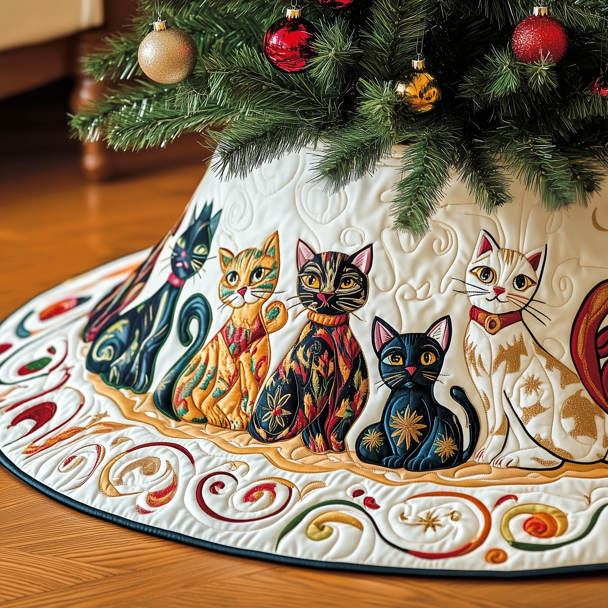Festive Folk Art Cat Quilted Tree Skirt Indoor Xmas Decorations Things To Get Your Cat For Christmas
