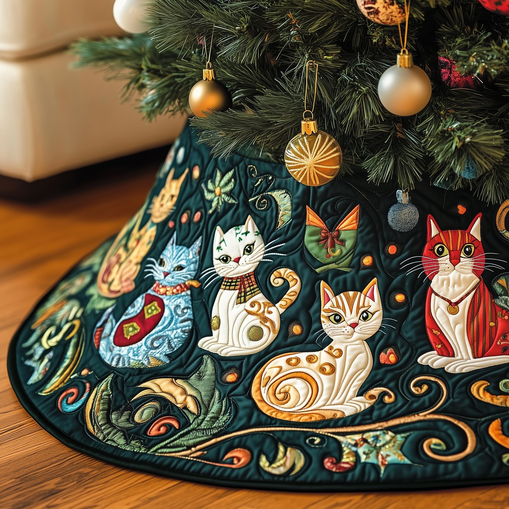 Festive Folk Art Cat Quilted Tree Skirt Must-Have Holiday Decor Merch