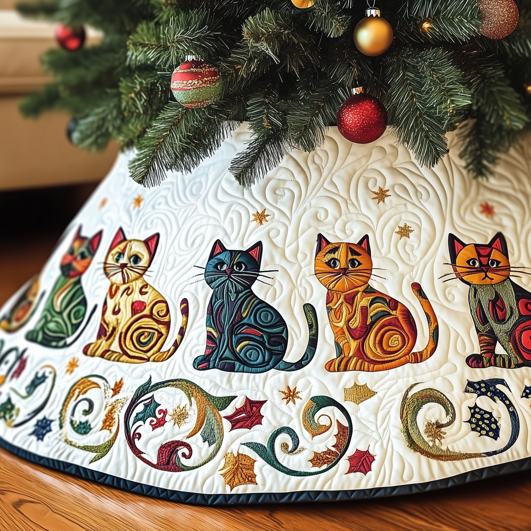 Festive Folk Art Cat Quilted Tree Skirt Warm Gift Merch For Family