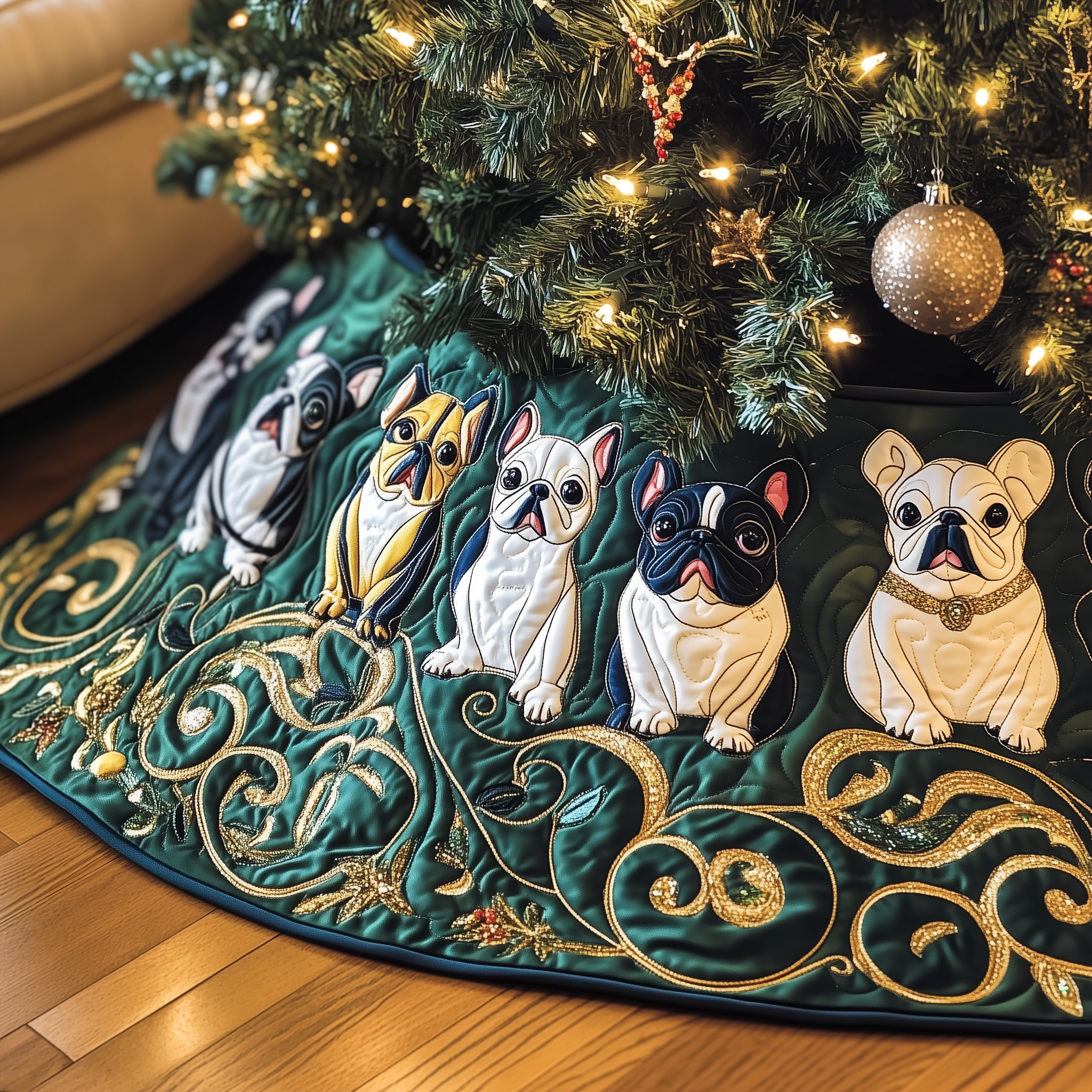 Festive French Bulldog Quilted Tree Skirt 60 Inch Tree Skirt Christmas Gifts For Grandmother