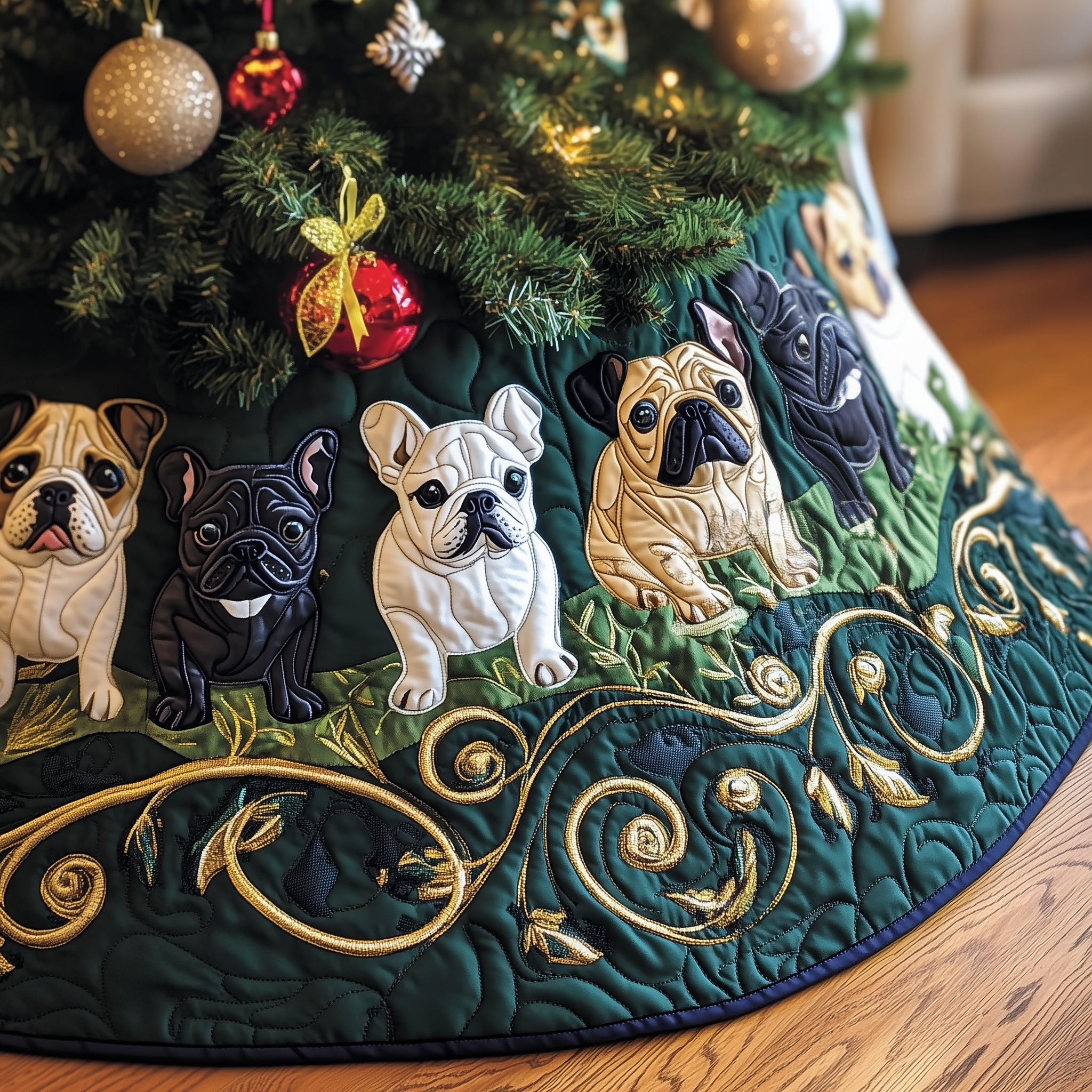 Festive French Bulldog Quilted Tree Skirt Cozy Tree Skirt For Holiday Decor