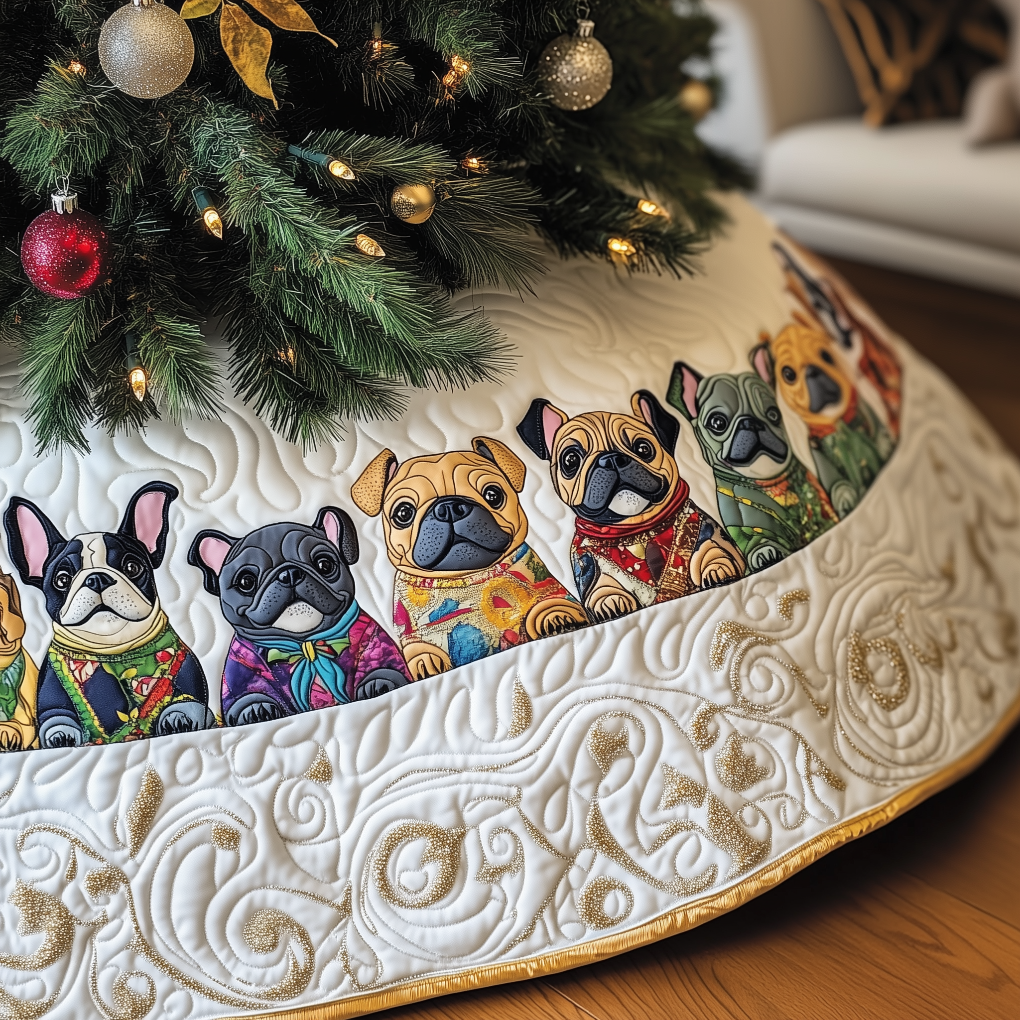 Festive French Bulldog Quilted Tree Skirt Heartwarming Family Gathering Merch