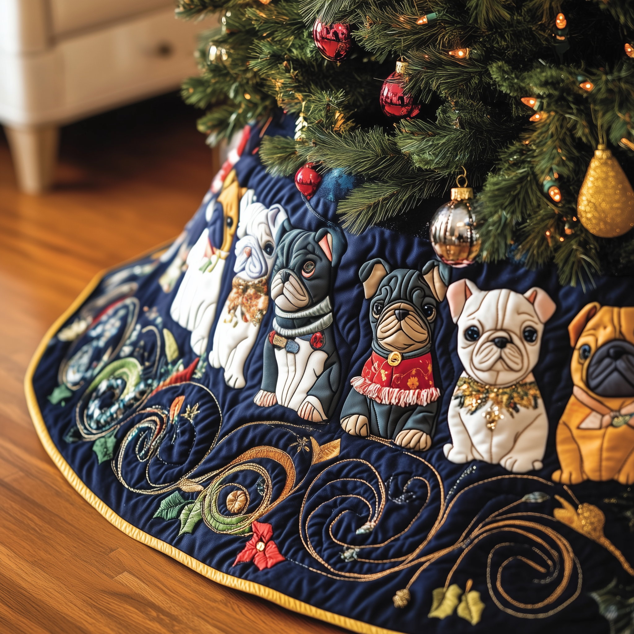 Festive French Bulldog Quilted Tree Skirt Holiday Xmas Cute French Bulldog Christmas Decorations