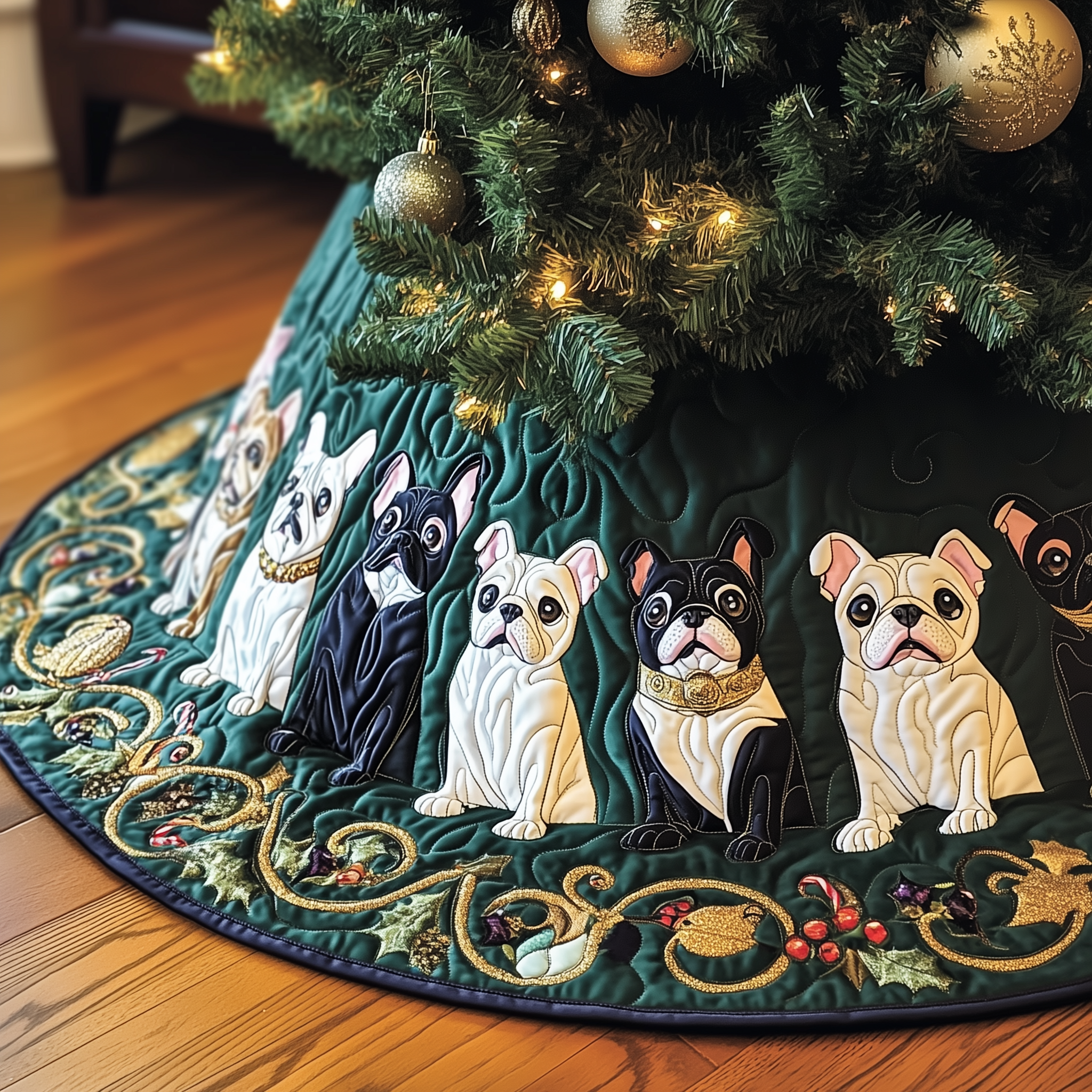 Festive French Bulldog Quilted Tree Skirt Holiday Xmas Cute French Bulldog Christmas Decorations